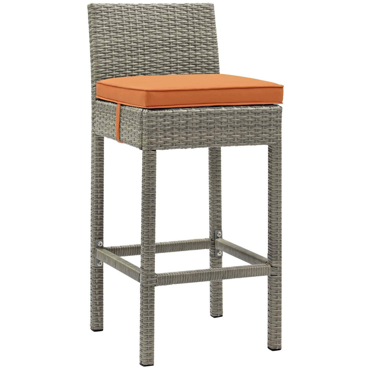 Modway Conduit Wicker Rattan Outdoor Patio Bar Stool with Cushion in Light Gray Orange