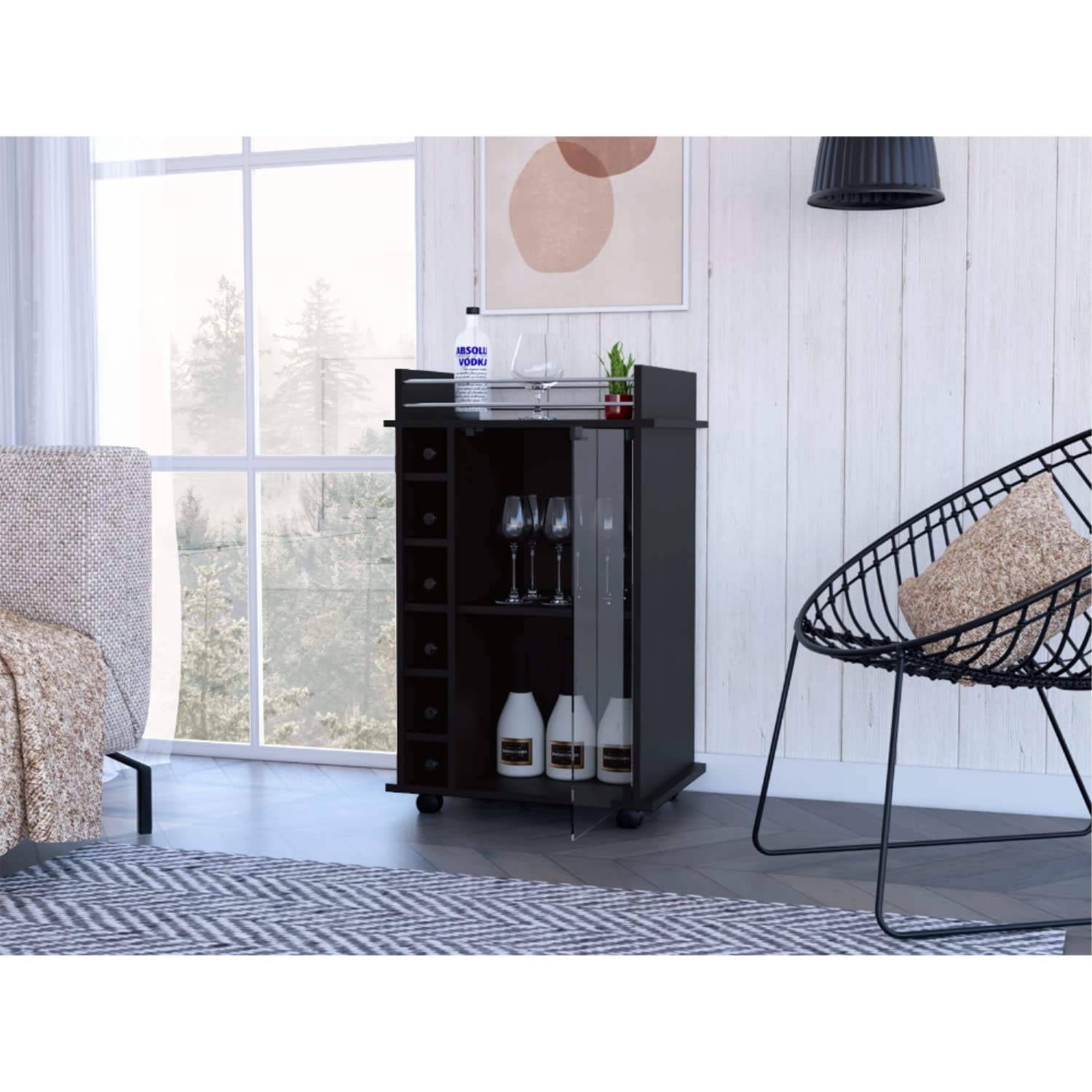 Huali Bar Cart, Glass Door, 4 Casters, 2 Shelves, Black