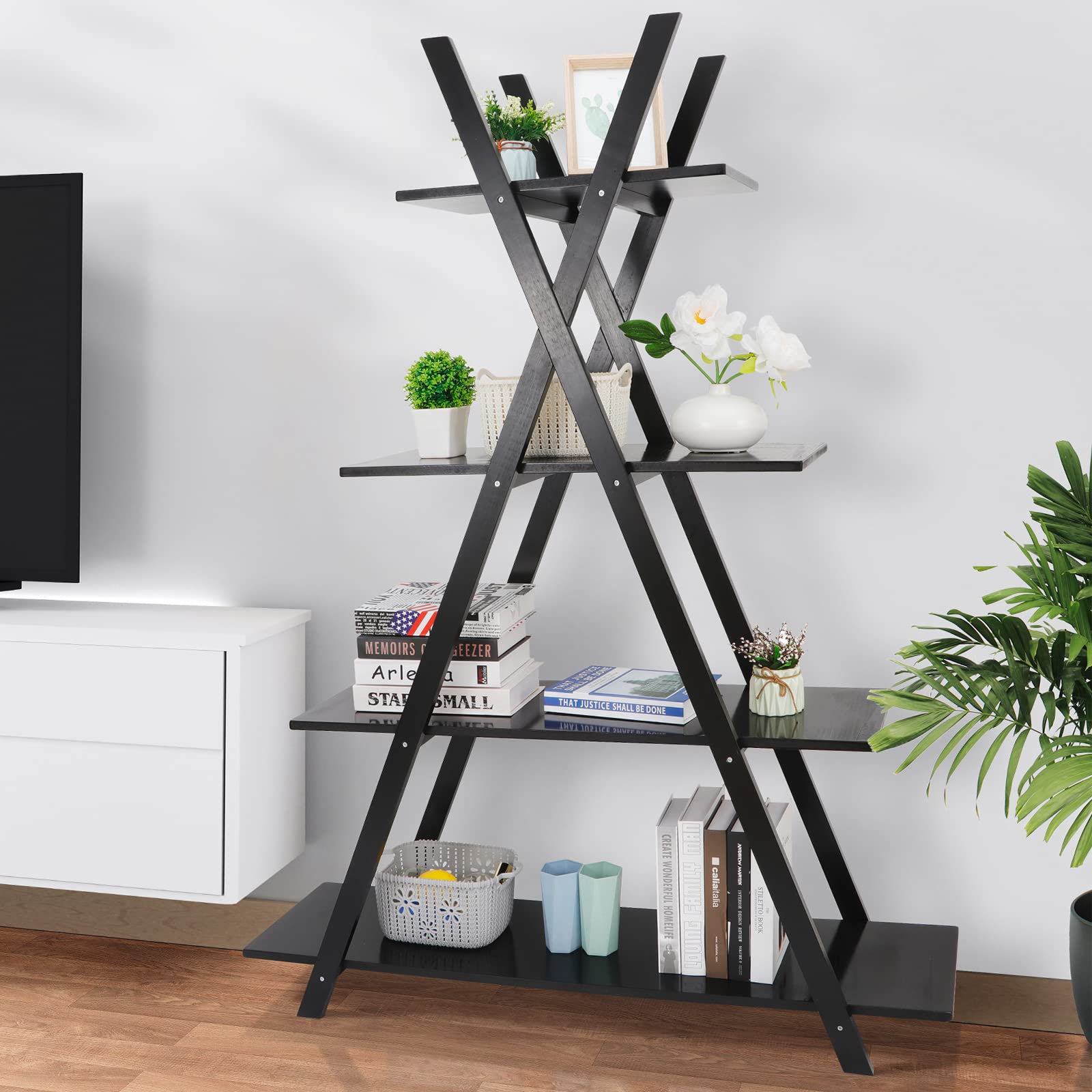Nouva 4 Tier Ladder Bookshelf Storage Shelves, A Frame Wooden Ladder Open Display Shelves Floor Shlef Storage Furniture For Home Office Living Room Black