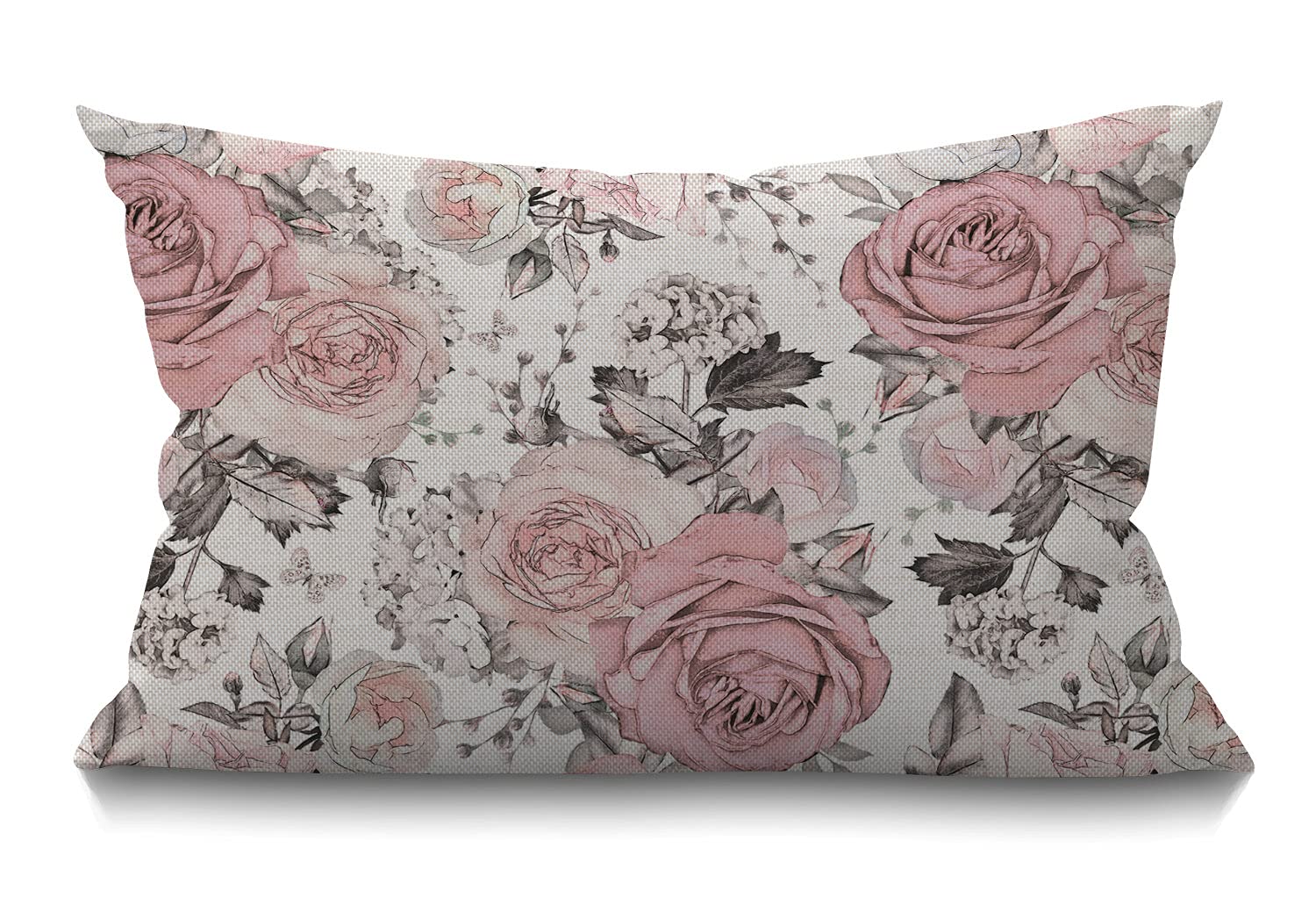 Smooffly Pink Flowers Throw Pillow Cover,Watercolor Leaves Floral Rose In Pastel Color Waist Lumbar Cotton Linen Throw Pillow Ca
