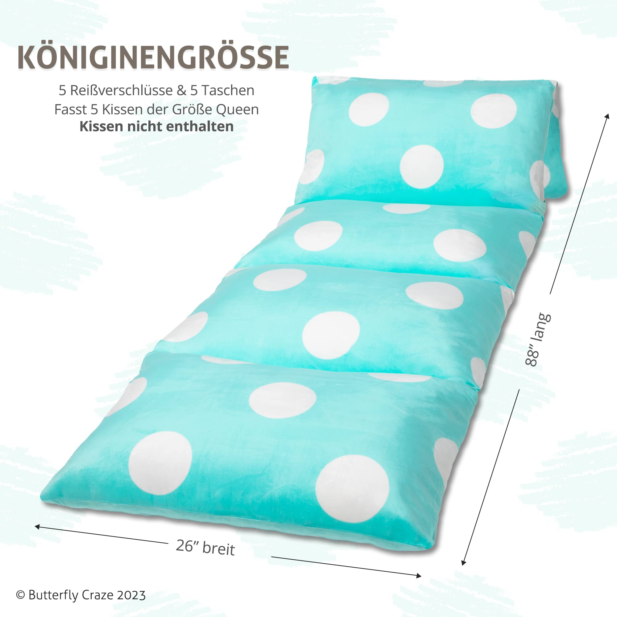 Butterfly Craze Floor Pillow Case, Mattress Bed Lounger Cover, Polka Aqua, Queen Size - Cozy Seating Solution For Kids & Adults,