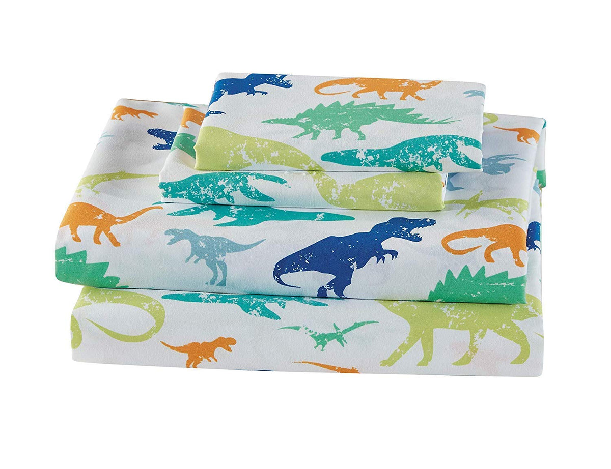 Elegant Homes Green Blue Orange Dinosaur Design Fun Printed Sheet Set With Pillowcases Flat Fitted Sheet For Boys/Kids/Teens (Di