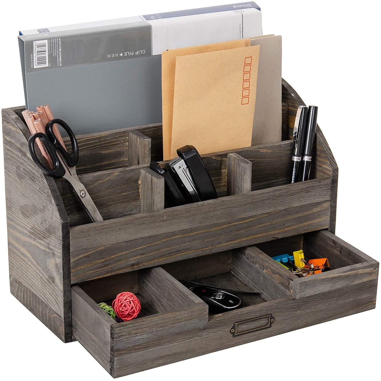 Vergoodr Rustic Wood Desk Organizer And Storage With Drawer And Pen Holder Bill Mail Organizer And Mail Holder For Countertop Ki