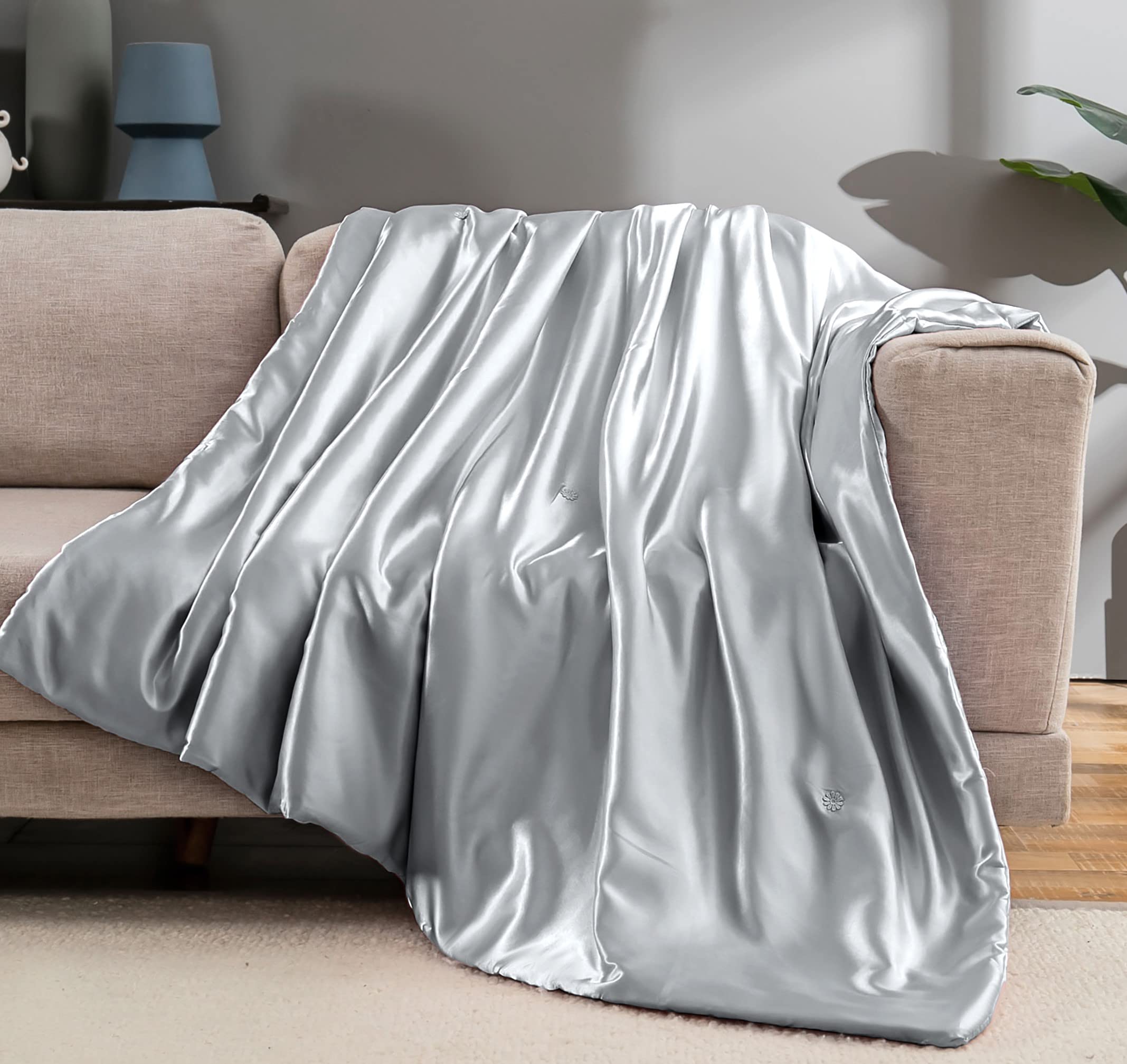 Vonty Satin Throw Blanket Silver Grey Satin Blankets 60X80 Inches, Cooling & Silky Throw Blanket Wrinkle-Free Cable Knit Throw B