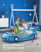 QPAU Inflatable Toddler Travel Bed Race Car Blue PVC with Sides Hand Pump Included