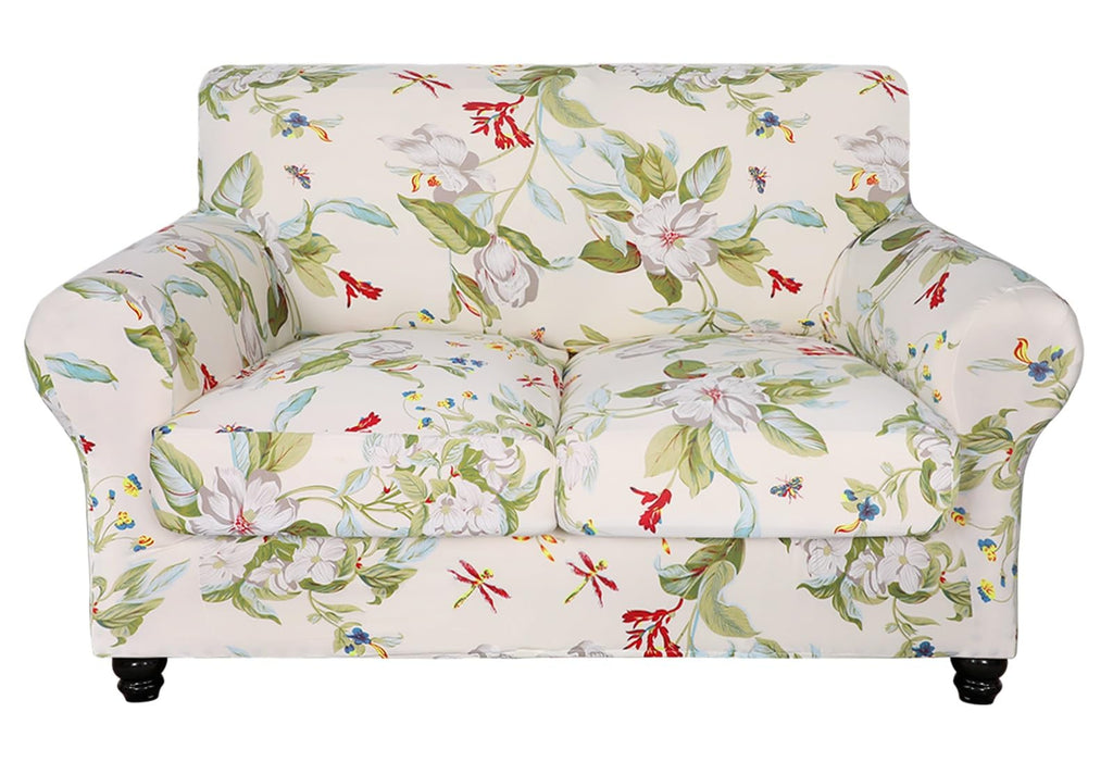 Searchi Stretch Sofa Cover Printed Couch Cover, Floral Pattern 3 Pieces Loveseat Slipcover With 2 Separate Cushion Cover, Washable Furniture Protector For Living Room(Loveseat, Spring Pattern)