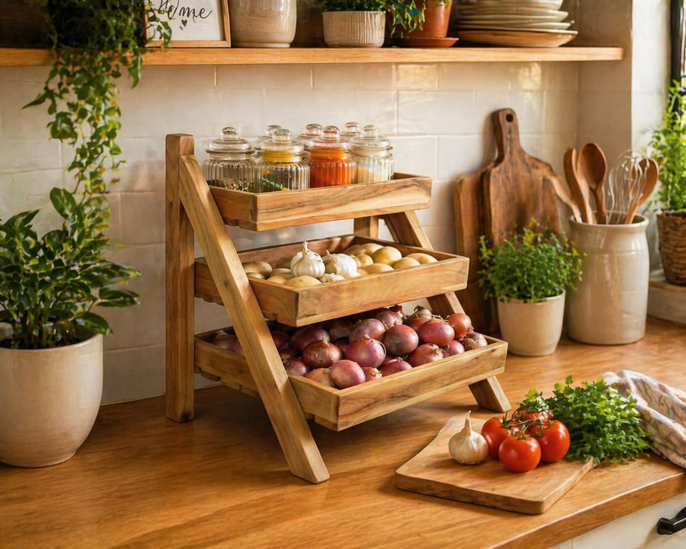 Orchid Homez Solid Wood 3Tier Kitchen Organizer | Acacia Wood Vegetable & Fruit Storage Rack | Onion Potato Basket Stand | Pre