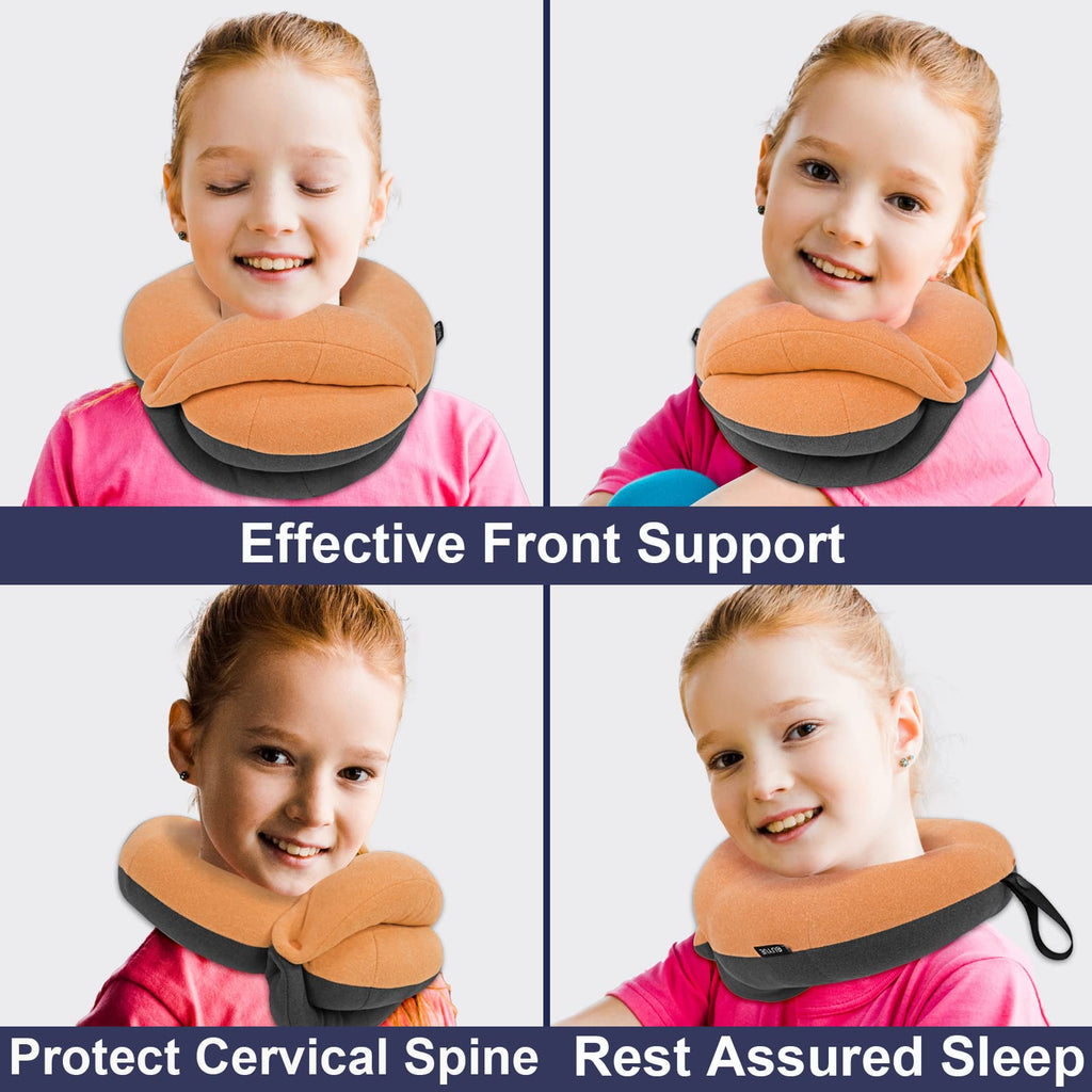 Buyue Kids Travel Pillows For Airplane, 360° Head Support Sleeping Essentials For Boys Long Flight, Skin-Friendly Soft Neck Pillow For Traveling In Car Seat, (Small, Orange Grey, 40-100 Lbs)