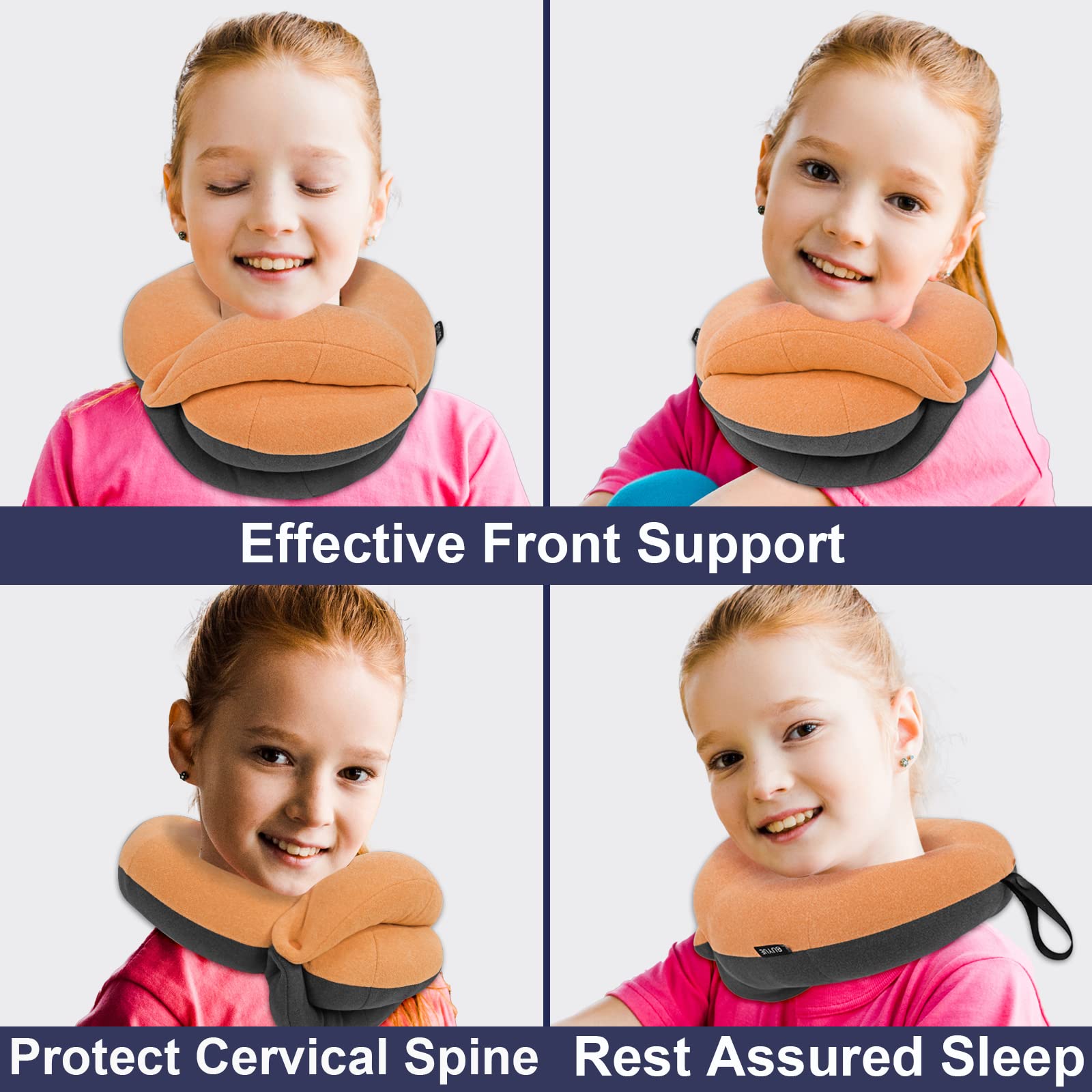 Buyue Kids Travel Pillows For Airplane, 360° Head Support Sleeping Essentials For Boys Long Flight, Skin-Friendly Soft Neck Pillow For Traveling In Car Seat, (Small, Orange Grey, 40-100 Lbs)
