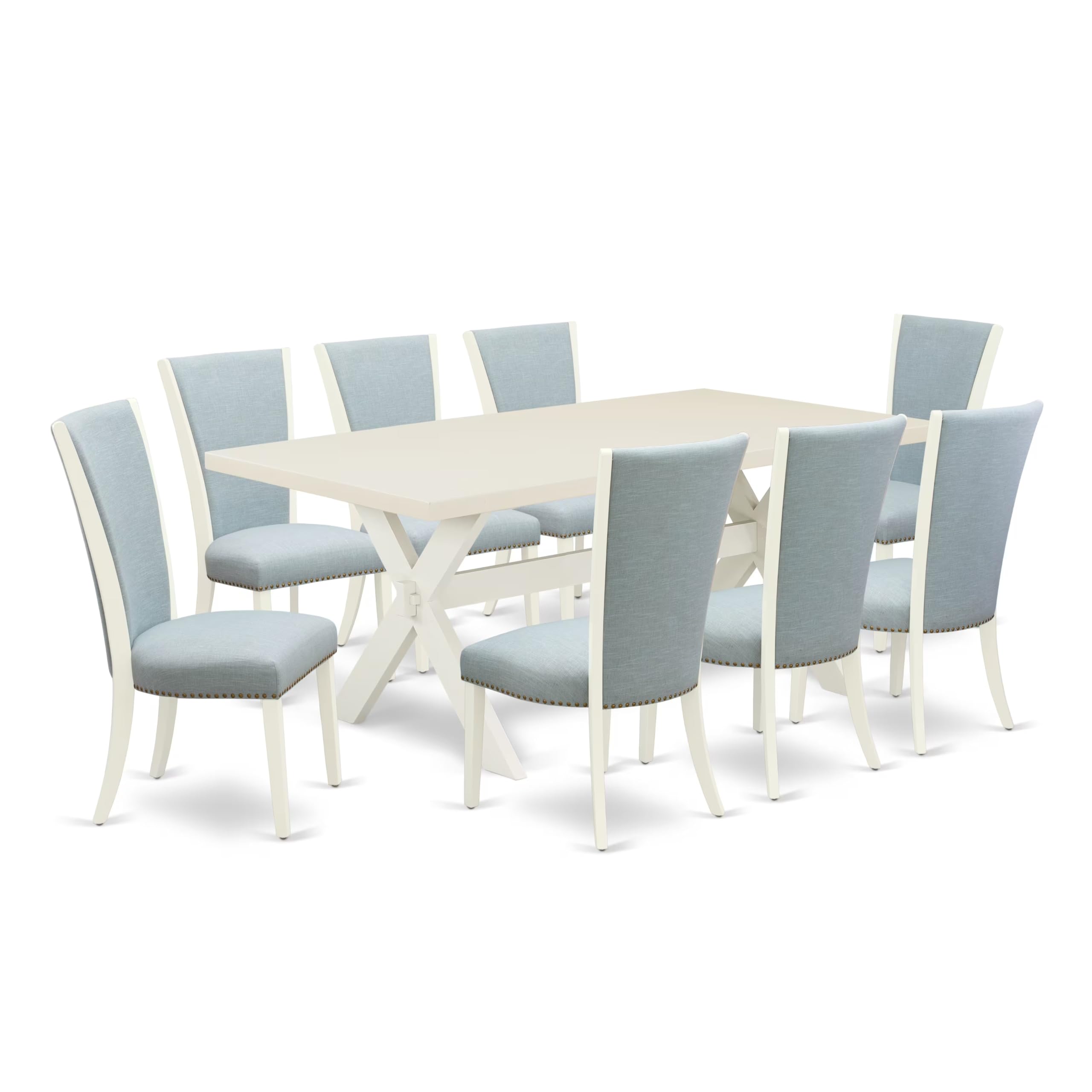East West Furniture X027VE215-9 9 Piece Dining Room Table Set Includes a Rectangle Dining Table with X-Legs and 8 Baby Blue Linen Fabric Upholstered Parson Chairs, 40x72 Inch, Multi-Color