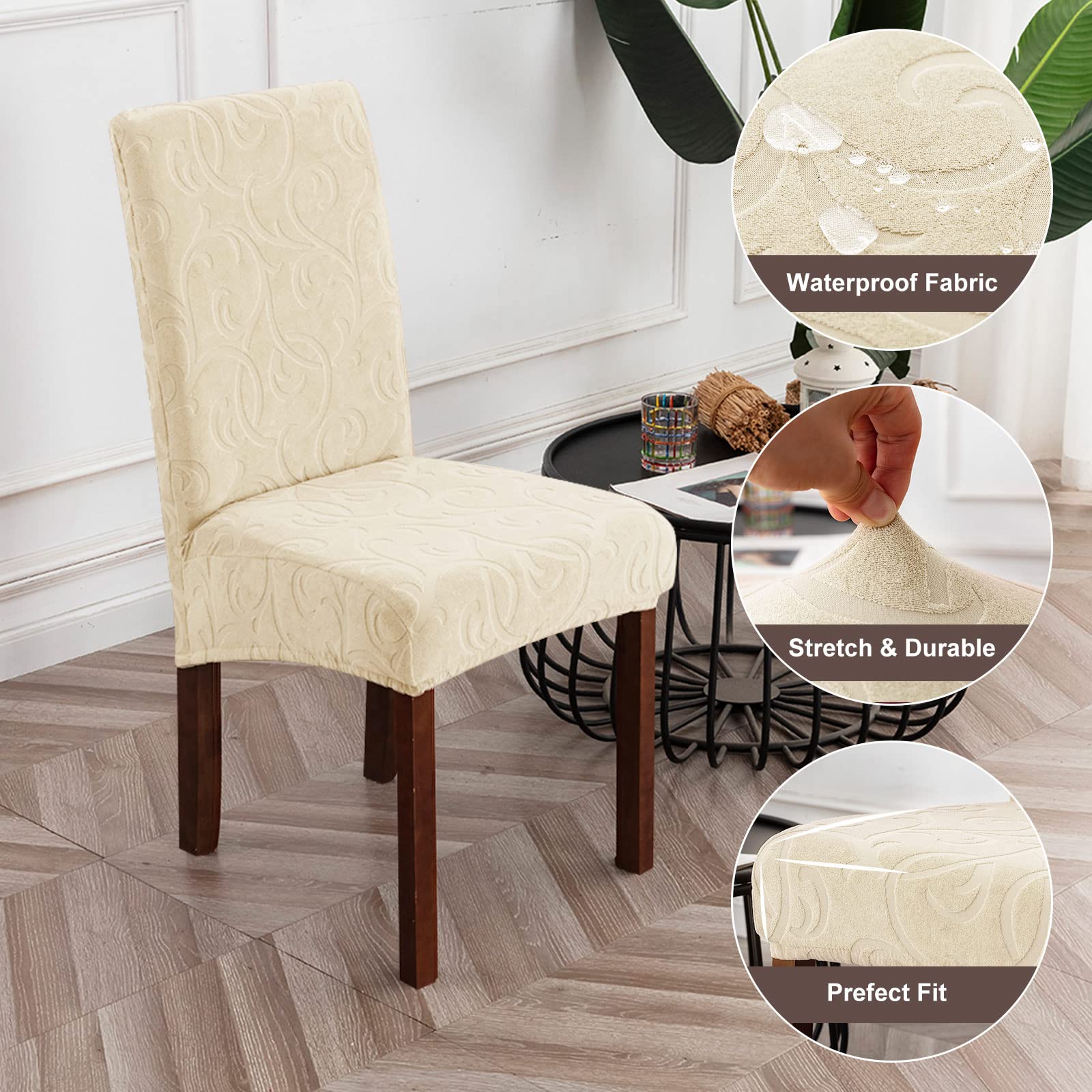 Genina Waterproof Dining Room Chair Covers Stretch Parsons Chair Slipcovers For Dining Room Kitchen Chair Protector Cover, Removable, Washable (2, Flower Pattern-Beige)