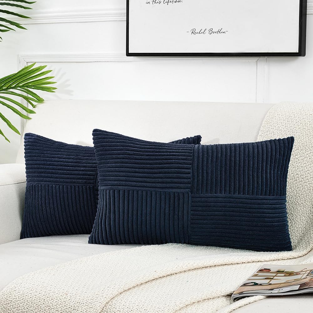 Fancy Homi 2 Packs Navy Blue Lumbar Decorative Throw Pillow Covers 14X24 Inch For Couch, Rustic Farmhouse Boho Home Decor, Soft