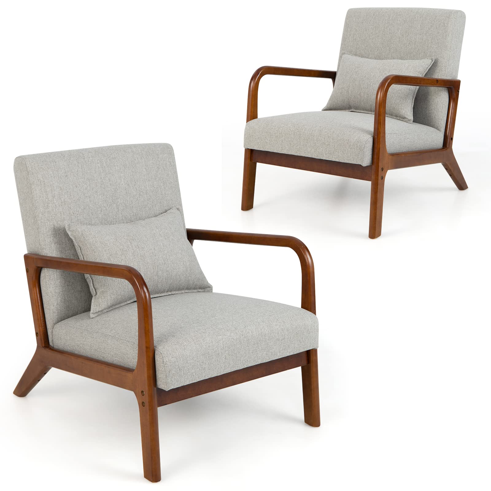 Giantex Set Of 2 Modern Accent Chair With Pillow - Comfy Upholstered Lounge Armchair With Anti-Slip Felt Pads, Wooden Frame Soft Padded Arm Chairs For Living Room, Bedroom, Study, Grey