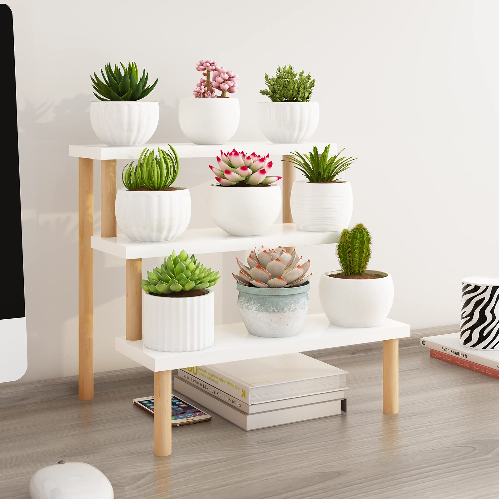 Tovacu Windowsill Plant Stand Shelf 3 Tiers Desktop Organization and Storage Shelf Bathroom Countertop Corner Cupcake Display St