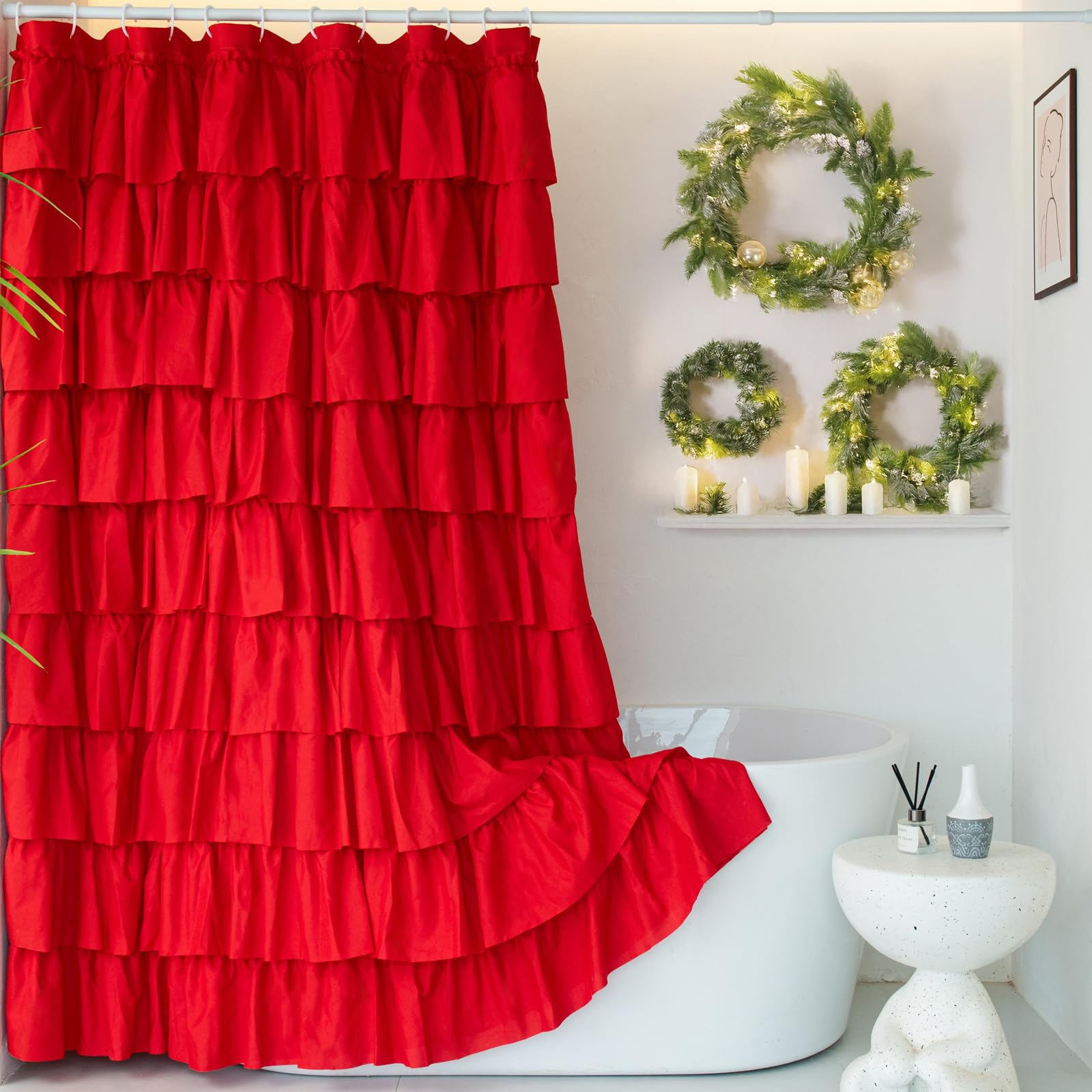 Westweir Red Ruffle Shower Curtain, Cute Girly Bath Curtains, Christmas Theme Bathroom Decor, Luxury Boho Textured, Pretty Vinta