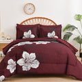 Luxudecor 7 Pieces King Size Comforter Set, Burgundy Floral Bed In A Bag Comforter And Sheet Set, Soft Microfiber Lightweight Be
