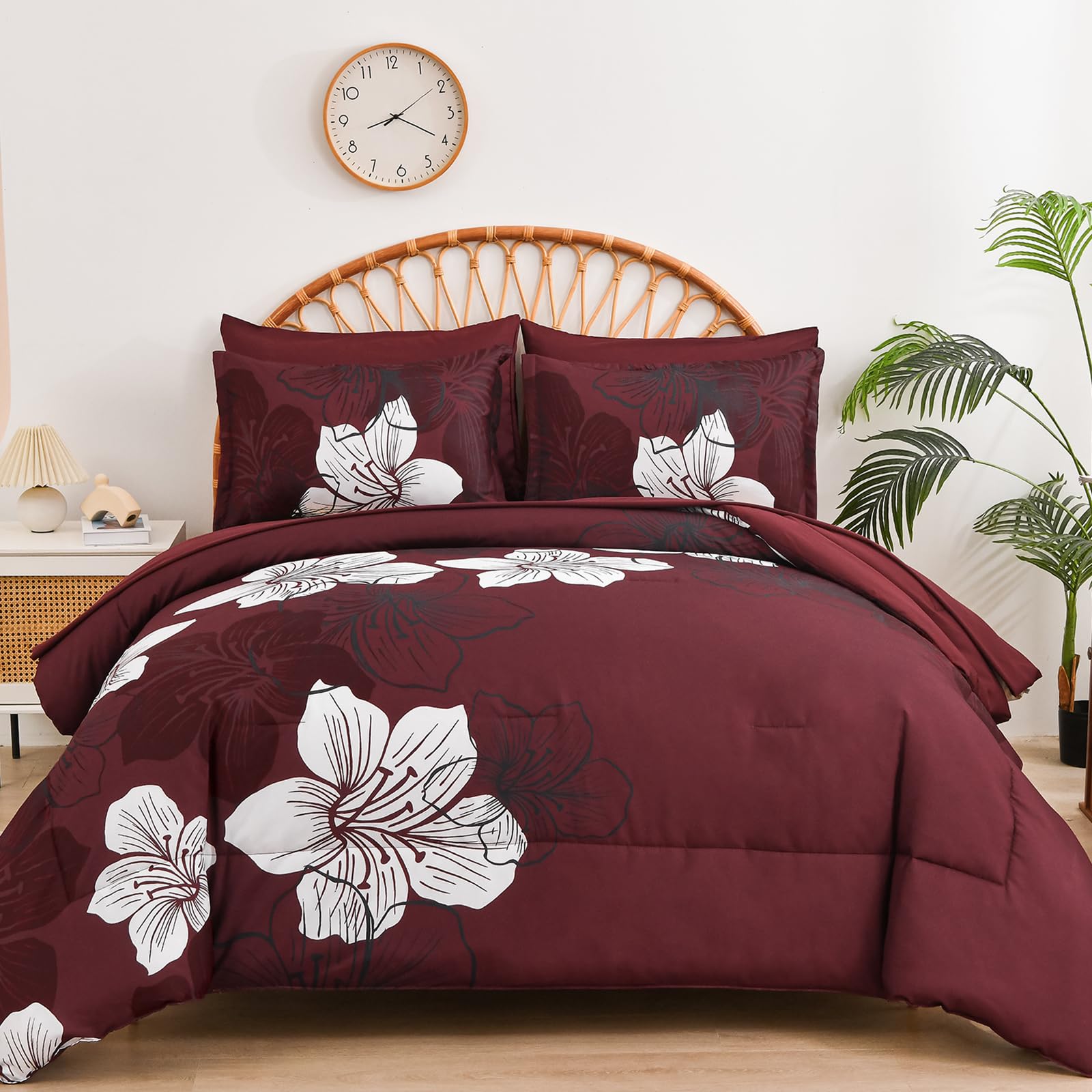 Luxudecor 7 Pieces King Size Comforter Set, Burgundy Floral Bed In A Bag Comforter And Sheet Set, Soft Microfiber Lightweight Be