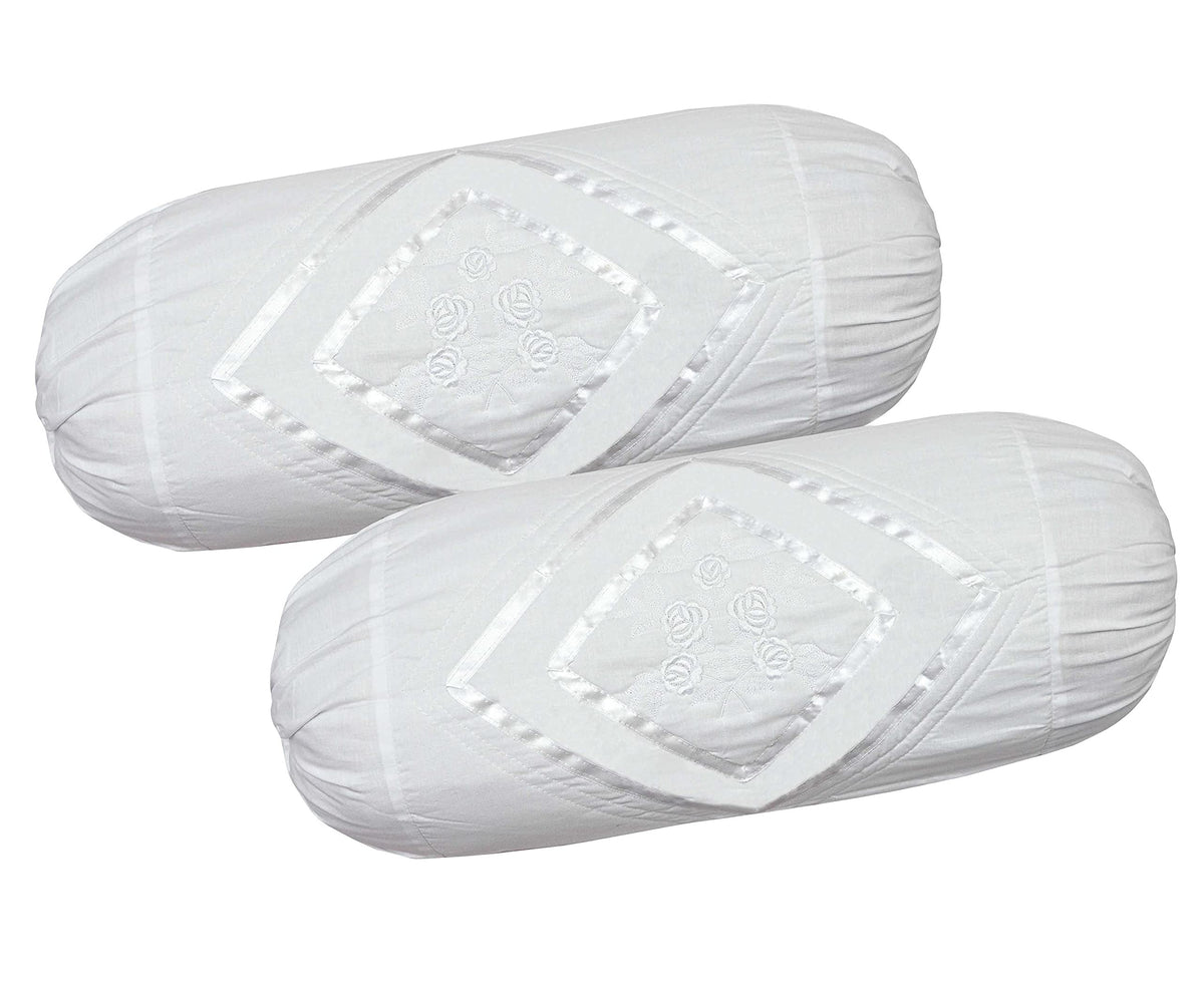Rj Products Cotton Embroidery Bolsters Covers (Standard, White)  Set Of 2