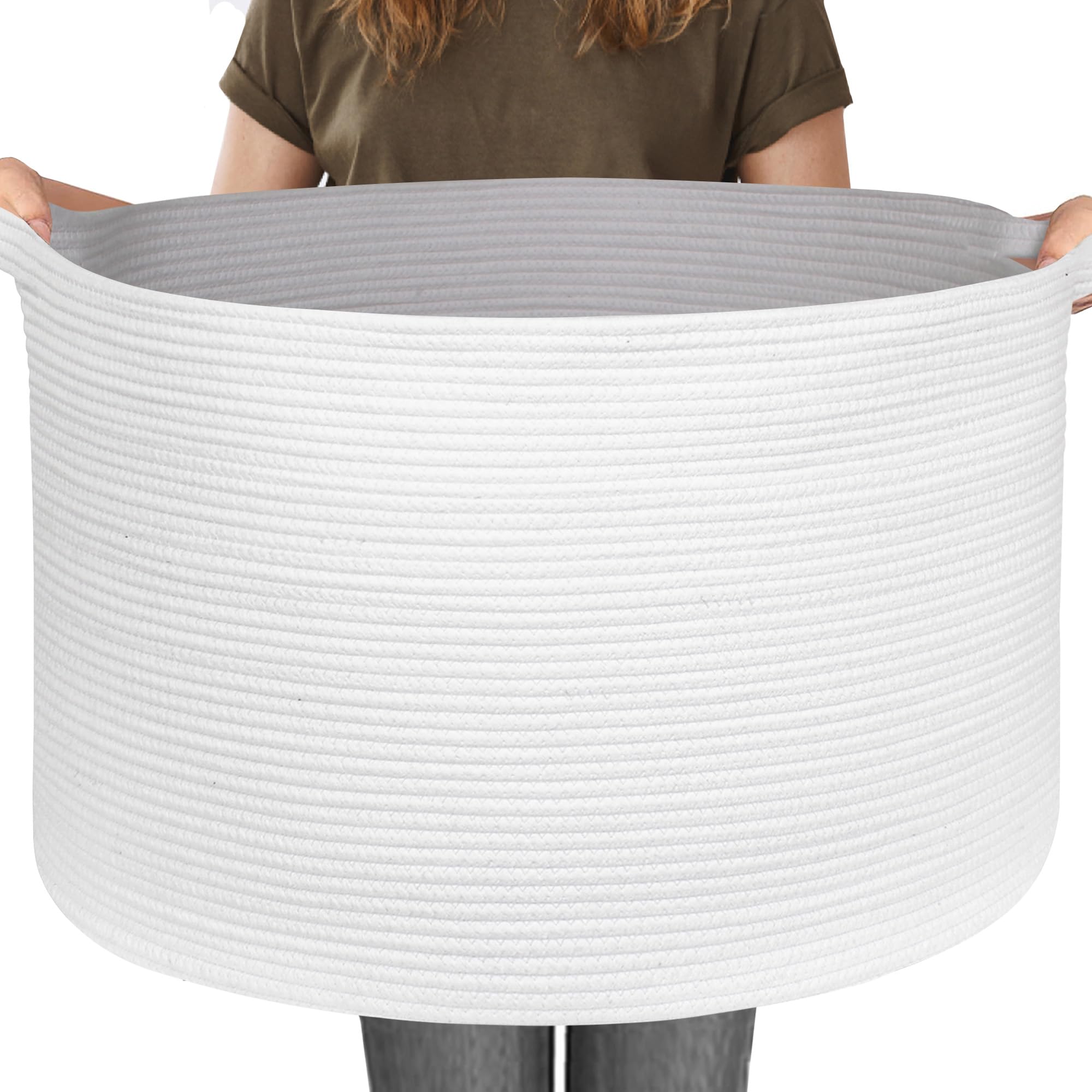 MEGASKET 115L White Cotton Rope Storage Basket, 23.6x15.7 Extra Large Blanket Storage Living Room, XXXL Soft Toy Bin for Organiz