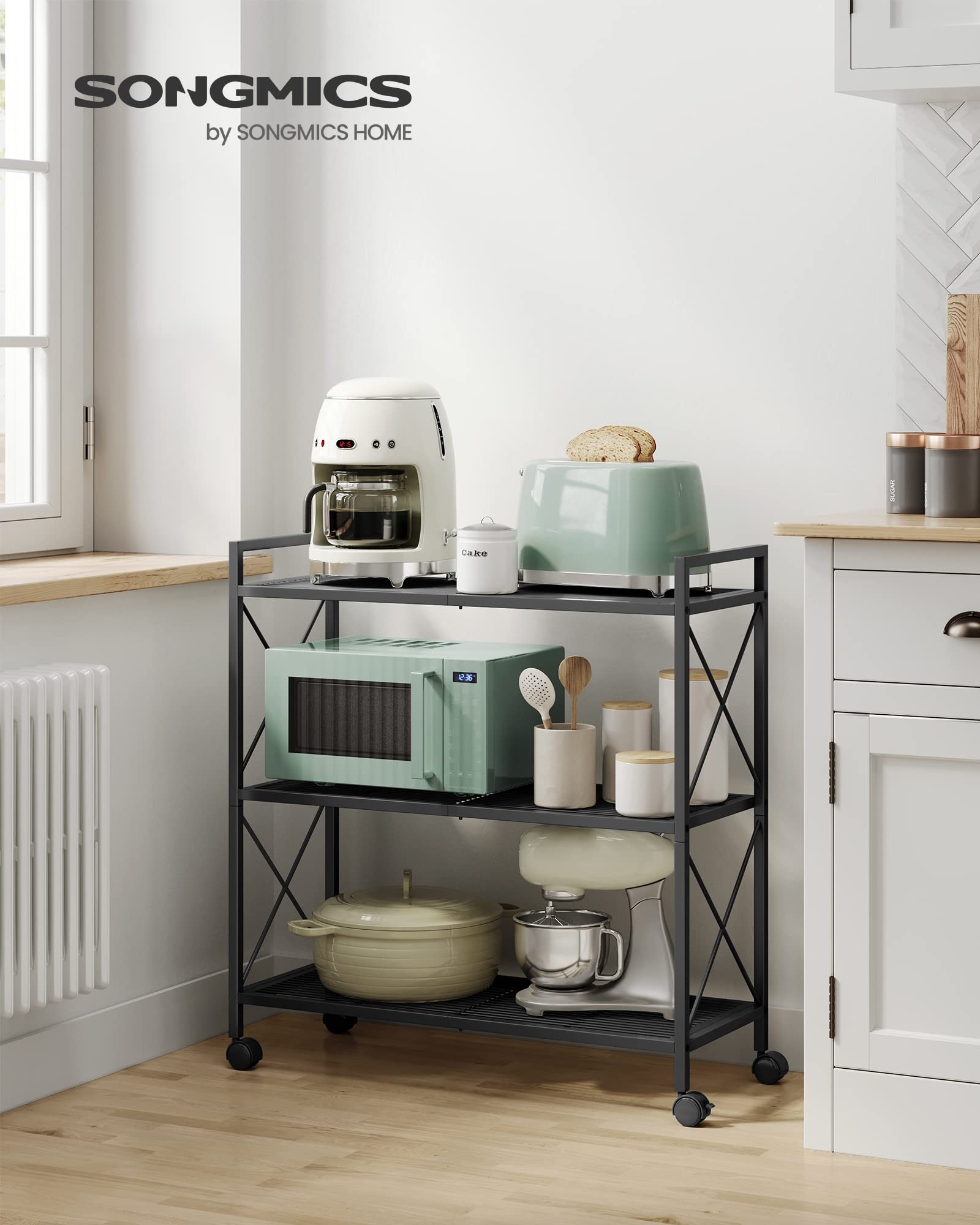 Songmics 3-Tier Metal Storage Rack With Wheels, Mesh Shelving Unit With X Side Frames, 31.5-Inch Width, For Entryway, Kitchen, Living Room, Bathroom, Industrial Style, Black Ubsc183B01