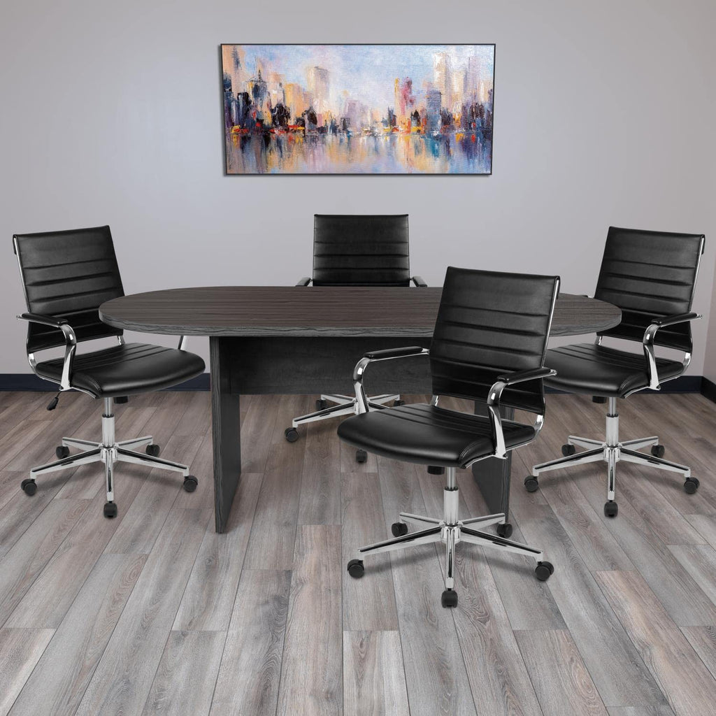 Flash Furniture Lake 5 Piece Rustic Gray Oval Conference Table Set With 4 Black Leathersoft Ribbed Executive Chairs