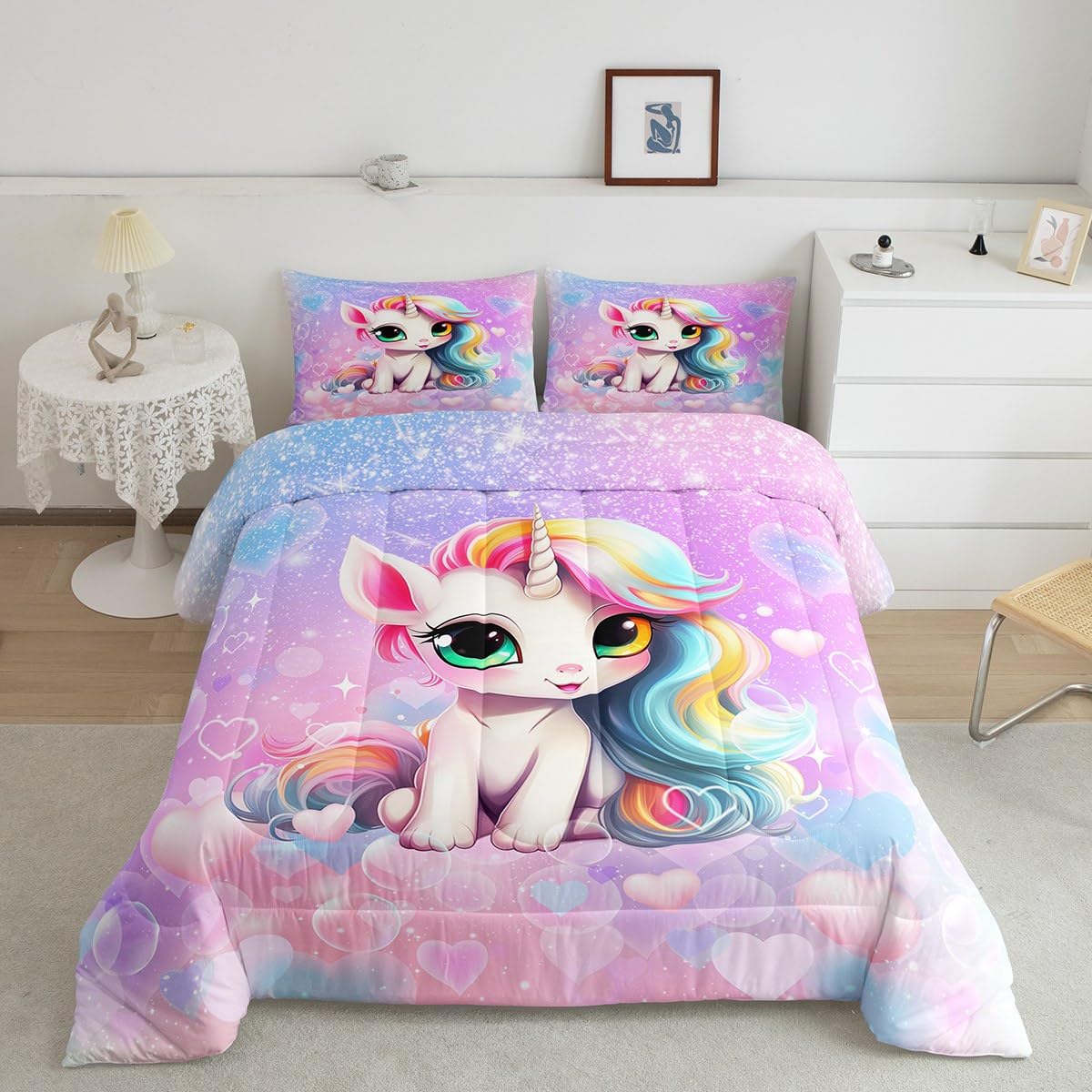 Manfei Cute Unicorn Comforter Set Twin Size, Pink Blue Glitter Princess Bedding Set 2Pcs, Girls Woman Bedroom Decor, Cartoon Kaw