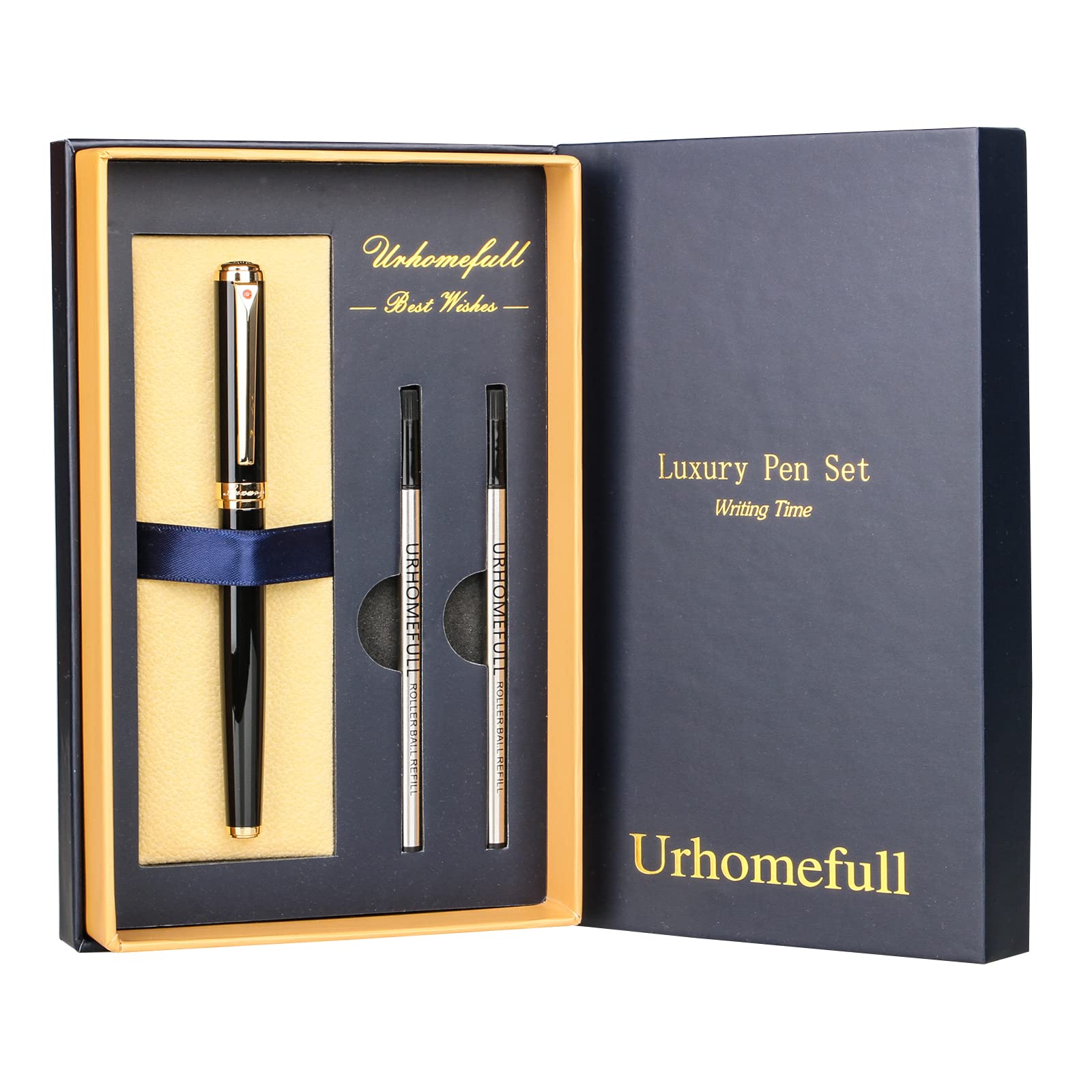 Urhomefull Stunning Luxury Rollerball Pen With 24K Gold Trim,Switzerland Tip With Black Ink Refills, Perfect Ballponit Pen Gift