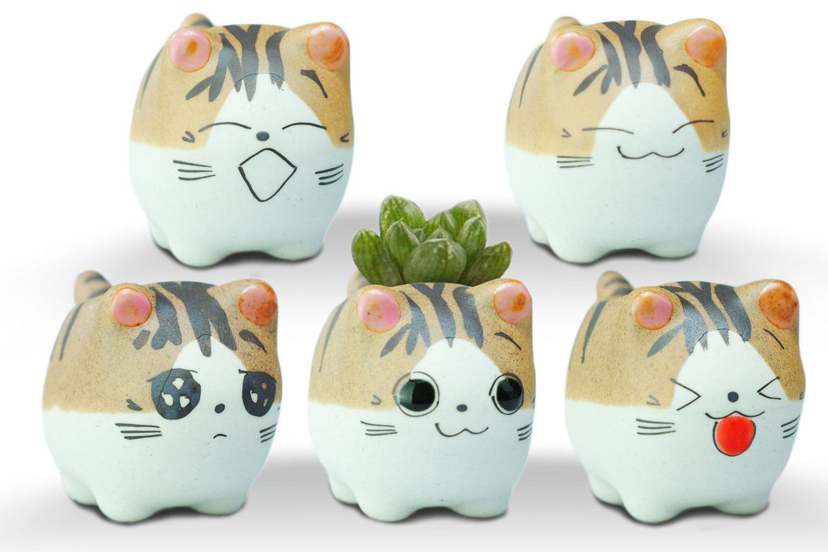 Vanenjoy Original Design Handmade Mini Cute Cartoon Ceramic Succulent Pots Planters Cat, With Drainage Hole, Flower Pot, Ceramic