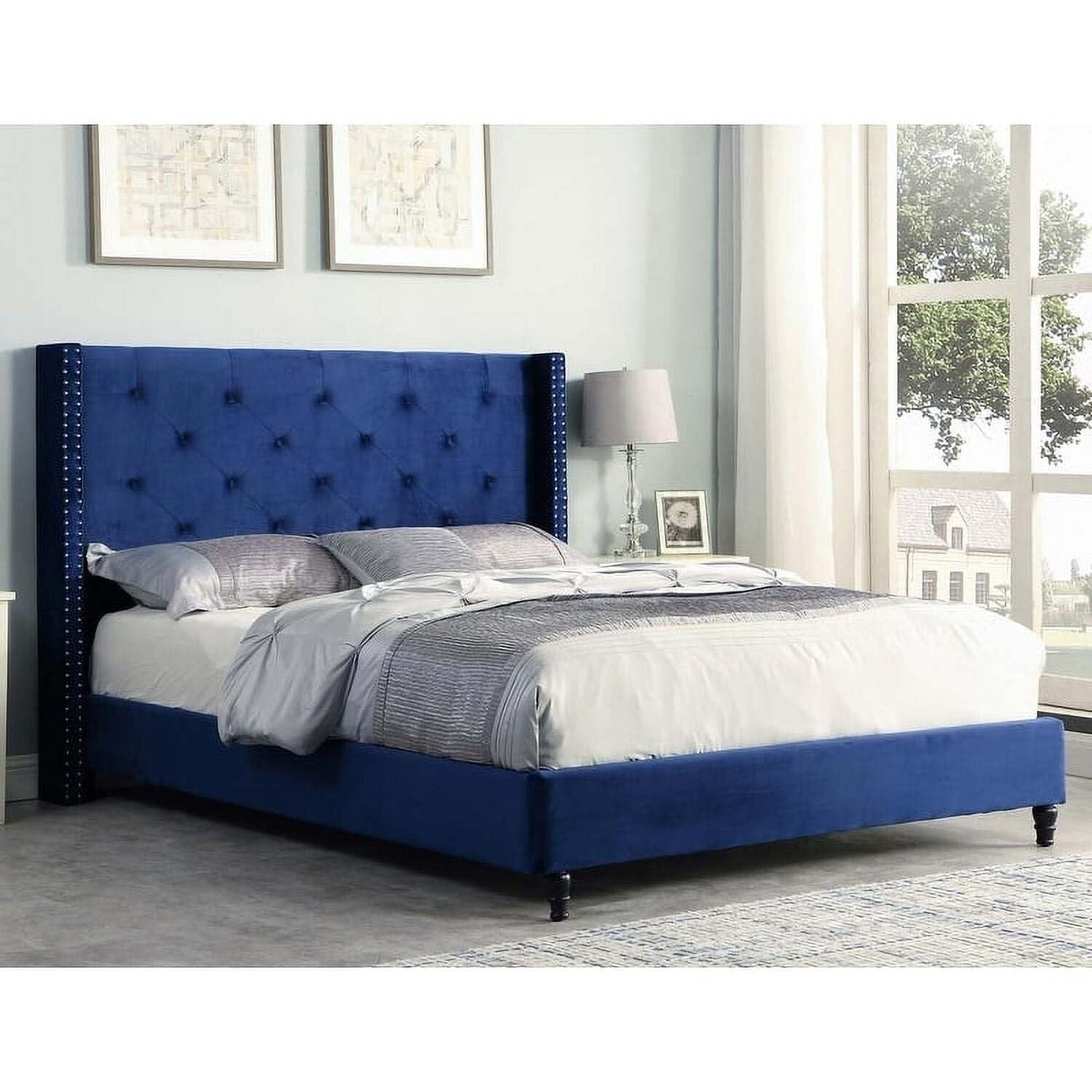 Best Master Furniture Vera Tufted Velour Platform Bed, Full, Navy Blue