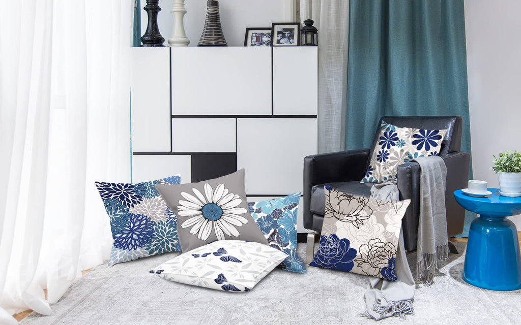 Comminy Blue Grey Pillow Covers 18X18 Set Of 6 Decorative Daisy Flower Throw Pillow Cover For Couch Modern Pillow Case For Patio