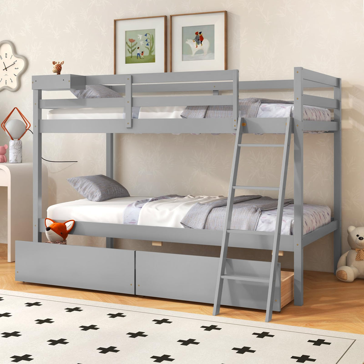 Kotek Bunk Bed Twin Over Twin With 2 Storage Drawers, Solid Wood Bunk Bed Frame With Storage Cube, Guardrails, Ladder, No Box Spring Needed, Twin Bunk Beds For Kids Teens (Grey)