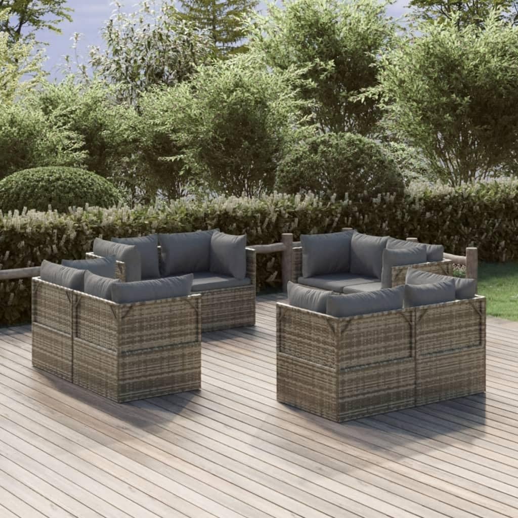 vidaXL Patio Corner Sofas 8 pcs – Modern Lounge Set with Waterproof Storage in Gray Poly Rattan Material for Garden, Lawn, or Outdoor Space