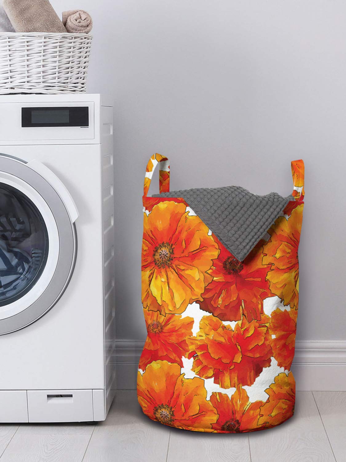 Ambesonne Orange Laundry Bag, Big Flourishing Bohemian Poppies On The Antique Background Graphic Design, Hamper Basket With Hand