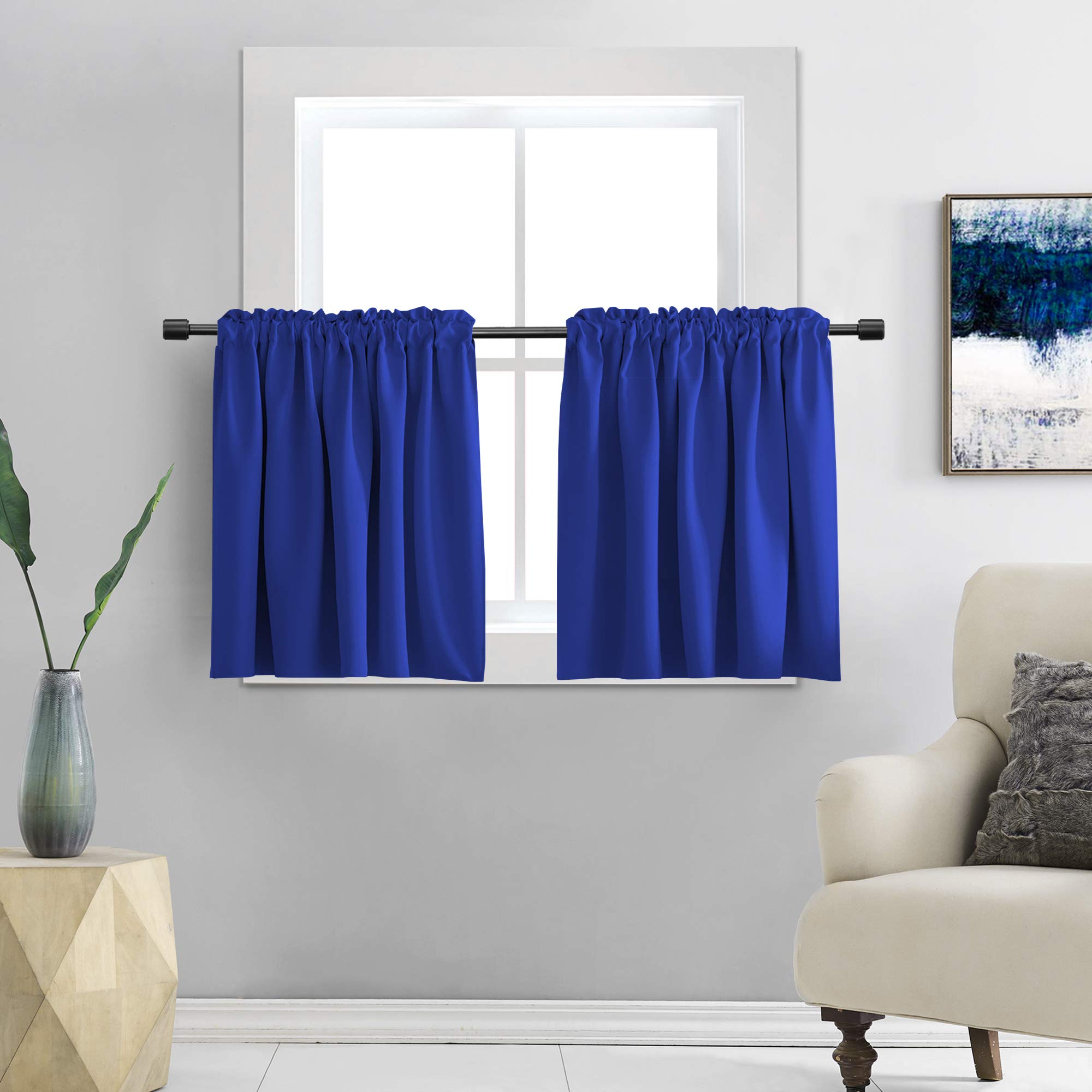 Donren Classic Blue Blackout Tier Curtain Panels For Small Window - Thermal Insulated Room Darkening Rod Pocket Valance Curtains For Livingroom (30 By 36 Inch 2 Panels)