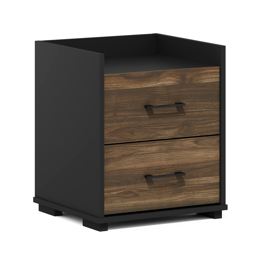 Furinno End Side Night Stand Modern Bedroom Bedside Tables Handle 2 Chest Nightstand, 1-Pack Drawer, Columbia Walnut/Black