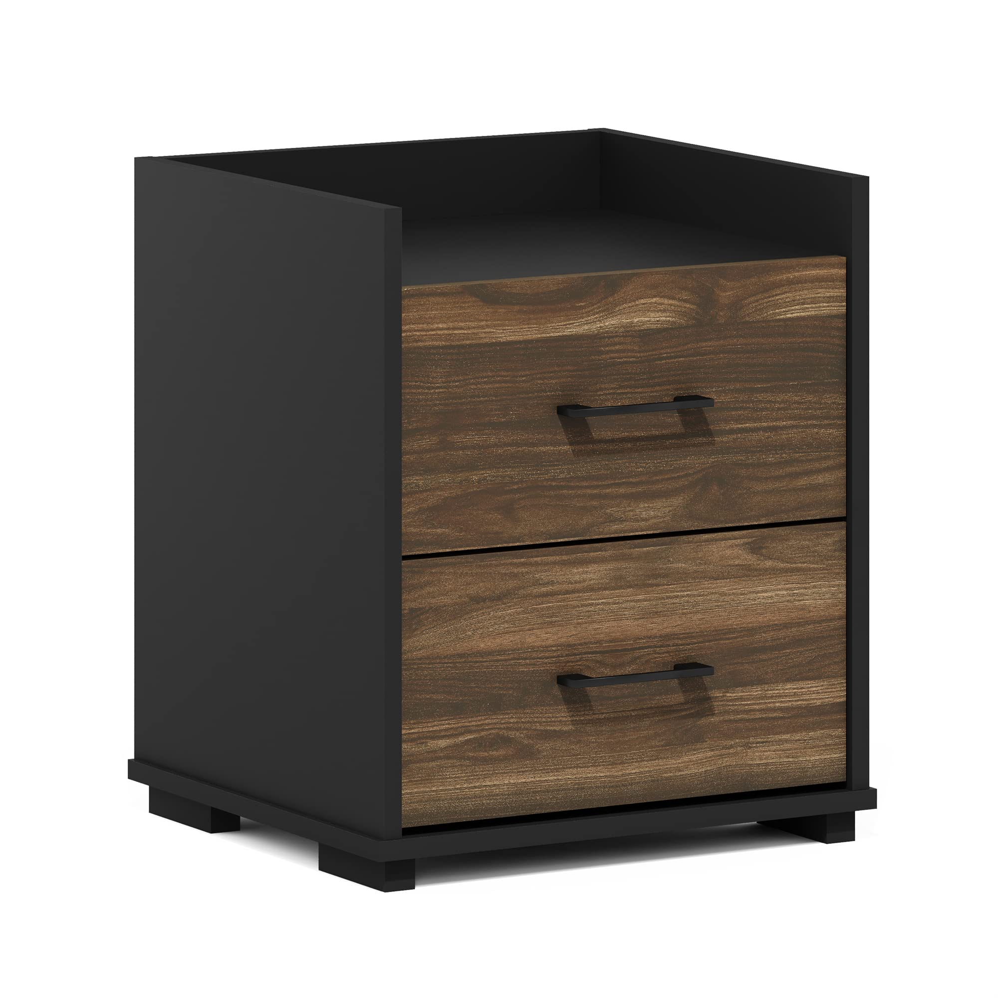 Furinno End Side Night Stand Modern Bedroom Bedside Tables Handle 2 Chest Nightstand, 1-Pack Drawer, Columbia Walnut/Black