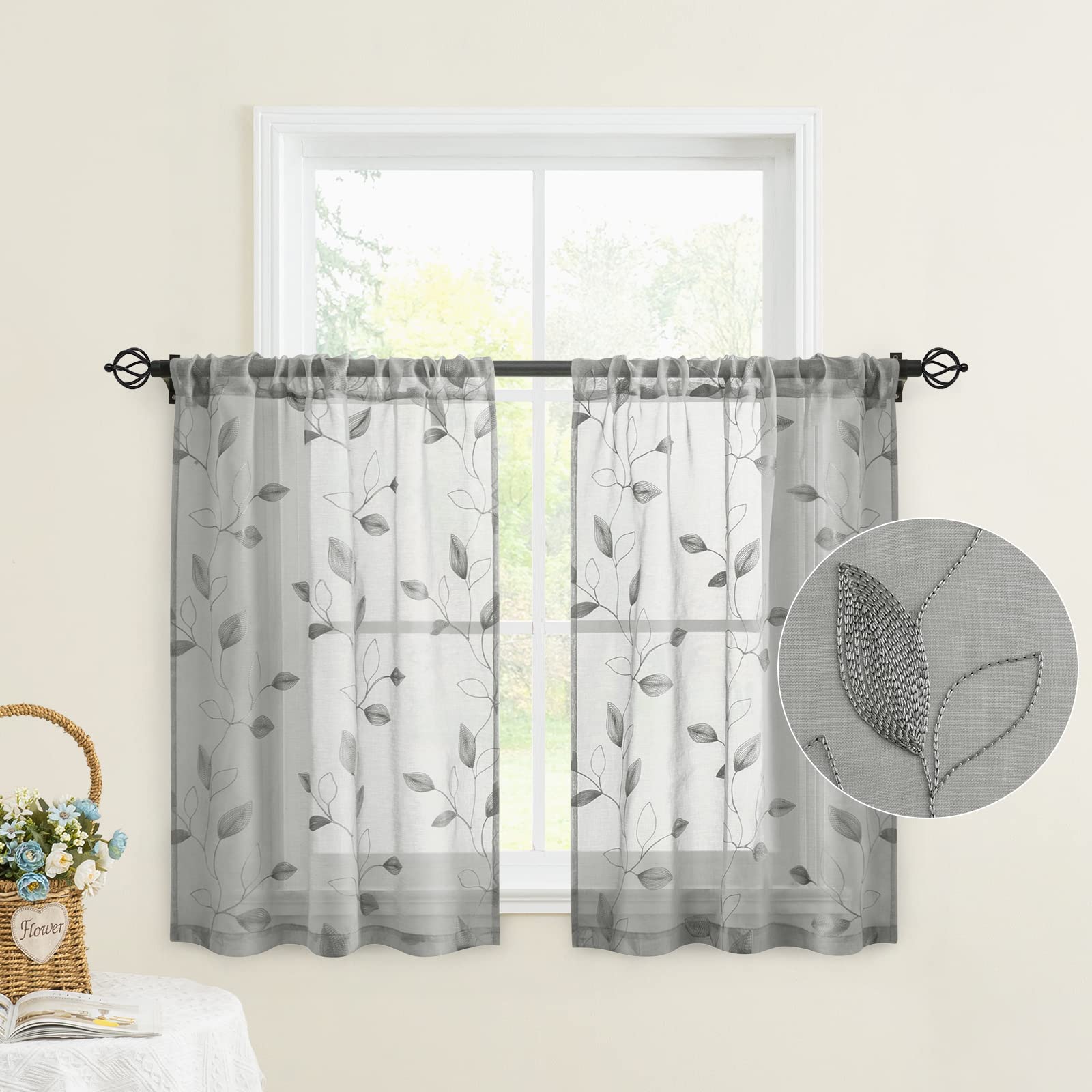 Homeideas Grey Sheer Kitchen Curtains 30 X 36 Inch Length 2 Panels Embroidered Leaf Pattern Short Curtains For Small Window Vala