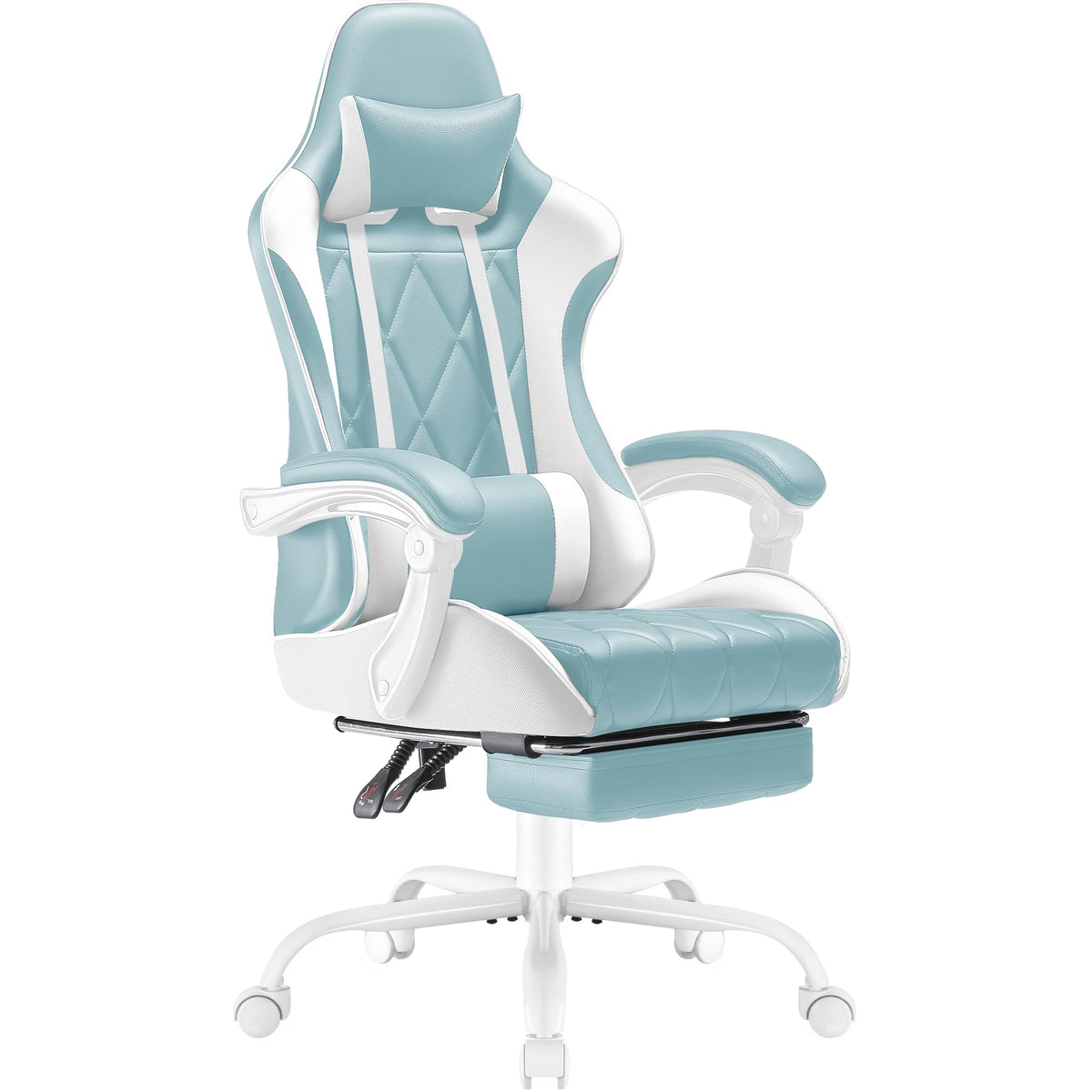 Shahoo Gaming Chair With Footrest And Massage Lumbar Support, Ergonomic Computer Seat Height Adjustable With 360°Swivel And Headrest, Light Blue