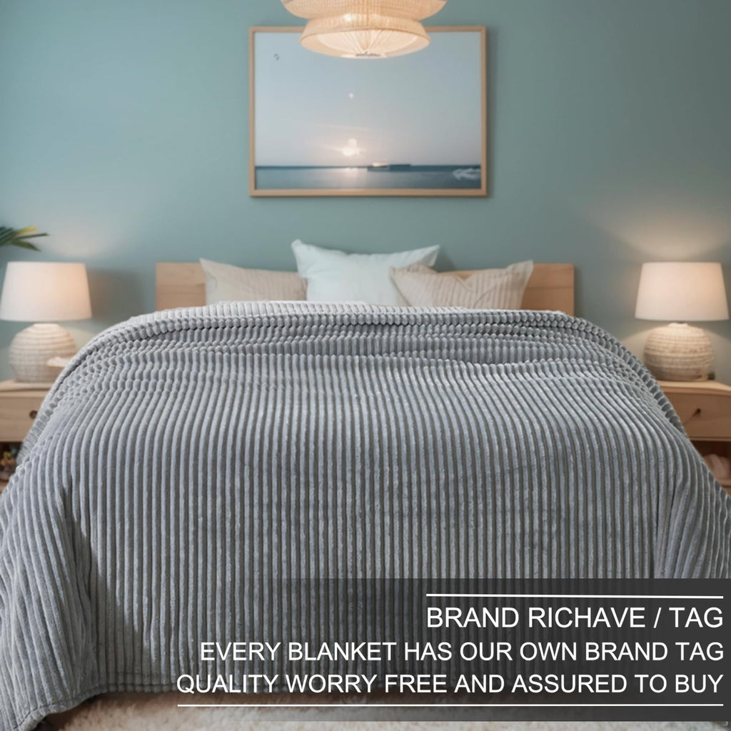 Richave Cuddly Blanket Queen Size,Premium Lightweight Anti-Static Fluffy Fleece Blanket Blanket With Striped Pattern For Queen Full Bed, 90X90 Inches,Ash Grey
