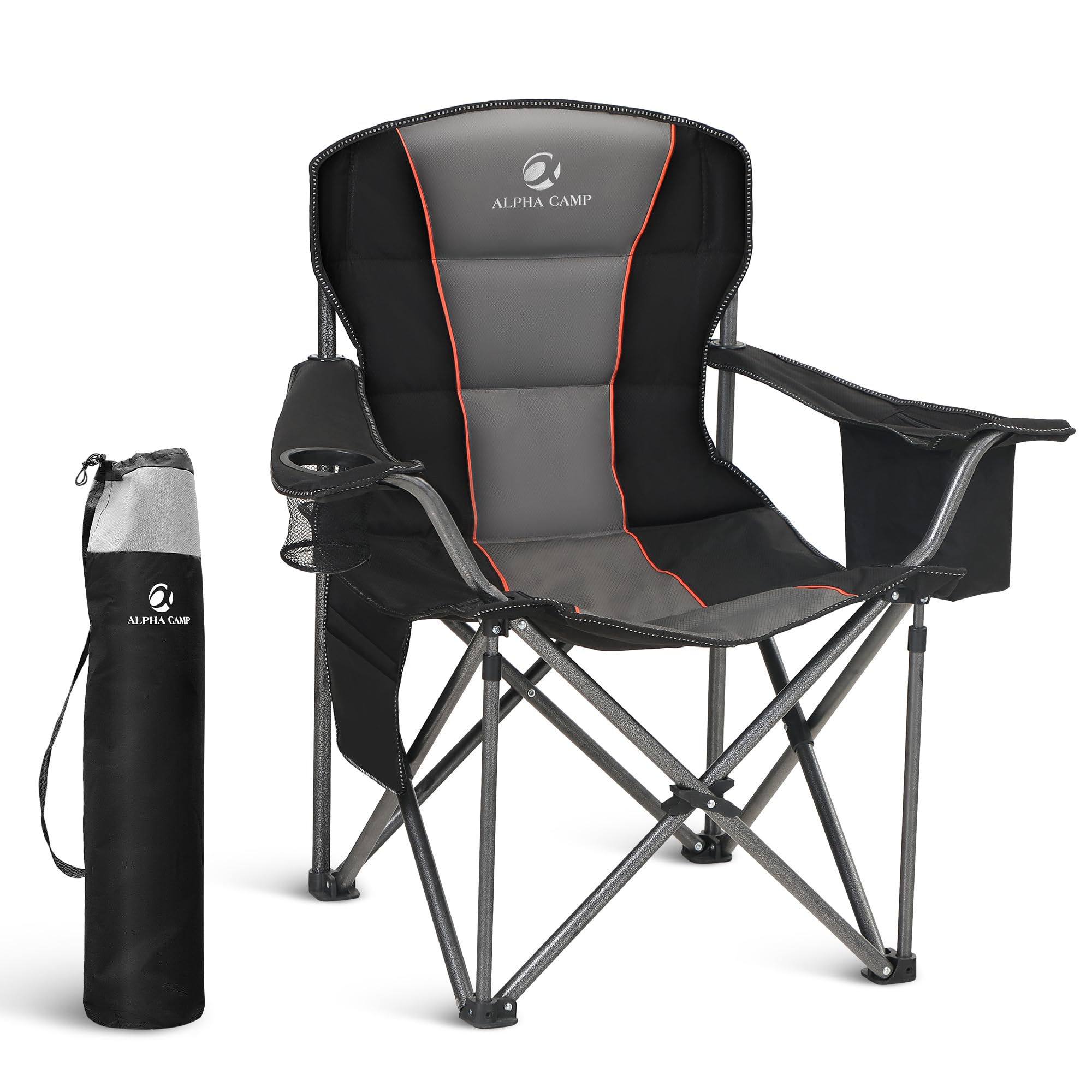 LET S CAMP Folding Camping Chair Oversized Heavy Duty Padded Outdoor Chair with Cup Holder Storage and Cooler Bag, 450 LBS Weig
