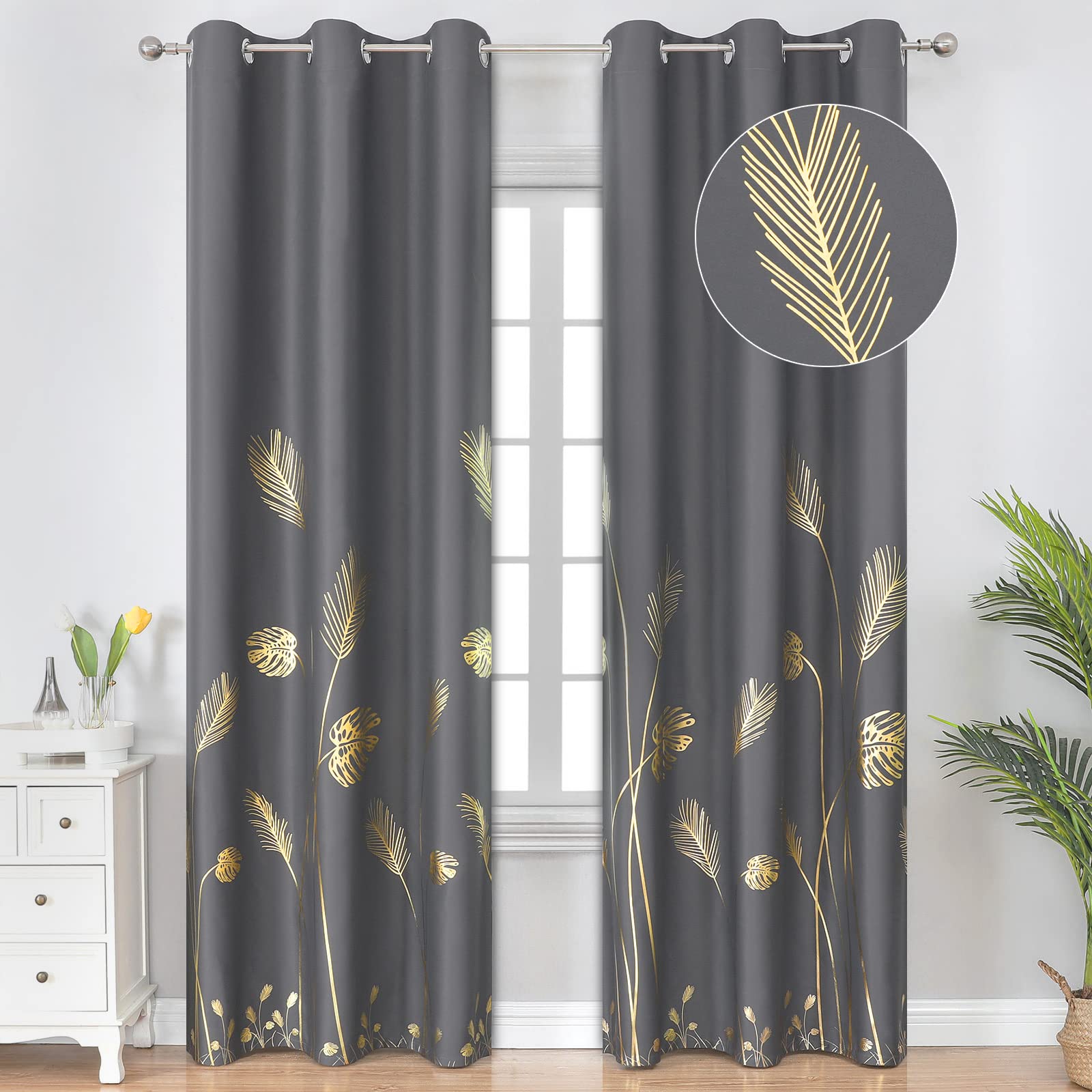 Estelar Textiler Thermal Insulated Blackout Curtains 84 Inches Long With Field Style Gold Leaf And Wheat Printed Light Blocking