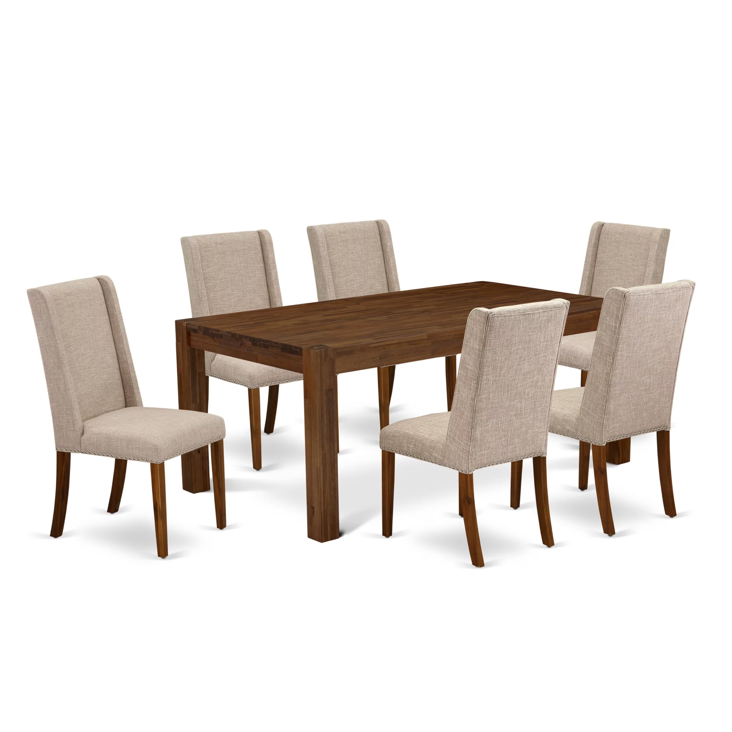 East West Furniture Lmfl7-N8-04 7 Piece Dining Set Consist Of A Rectangle Rustic Wood Dining Room Table And 6 Light Tan Linen Fabric Upholstered Parson Chairs, 40X72 Inch, Walnut