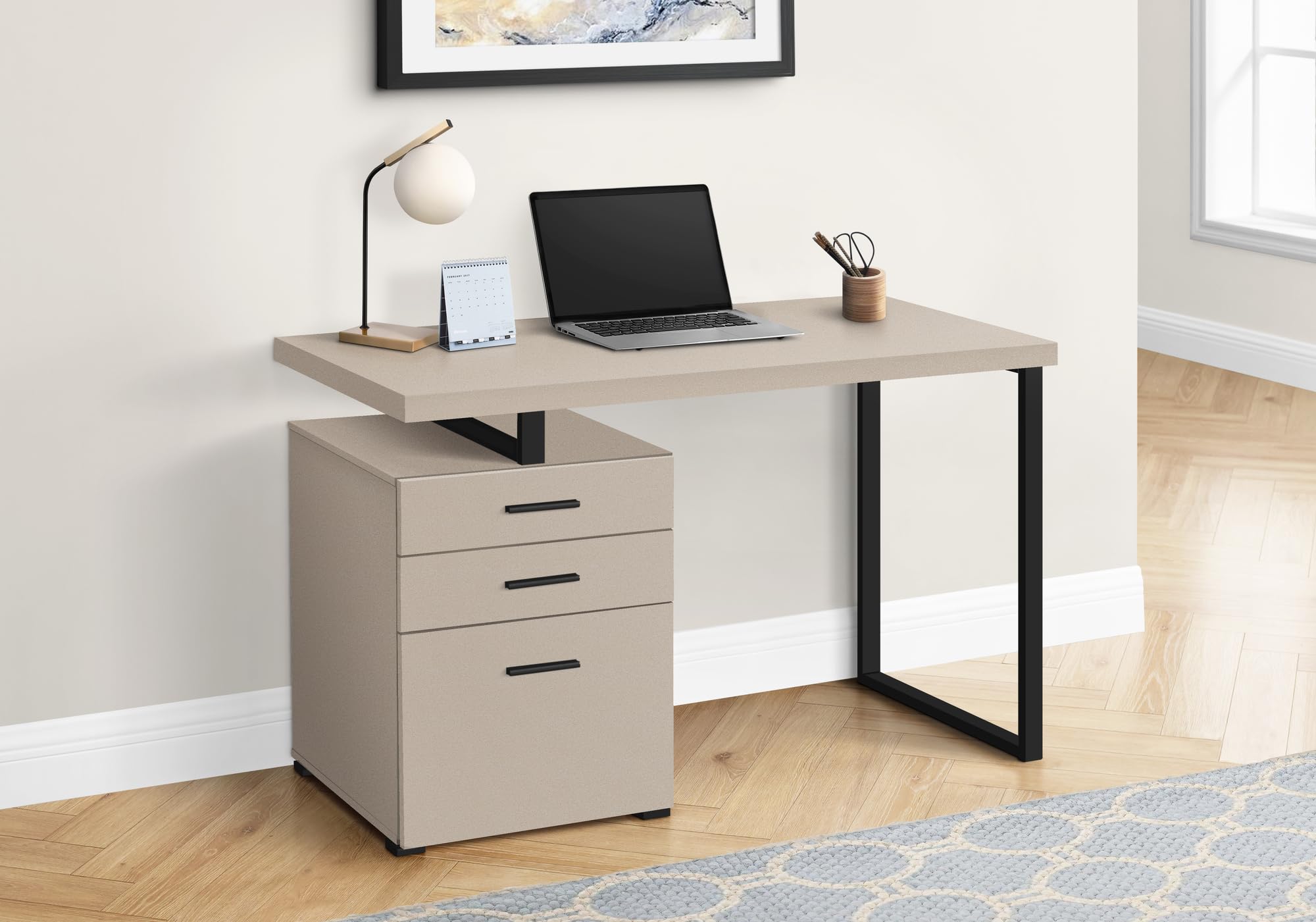 Monarch Specialties I 7644 Computer Desk, Home Office, Laptop, Left, Right Set-up, Storage Drawers, 48' L, Work, Metal, Laminate, Beige, Black, Contemporary