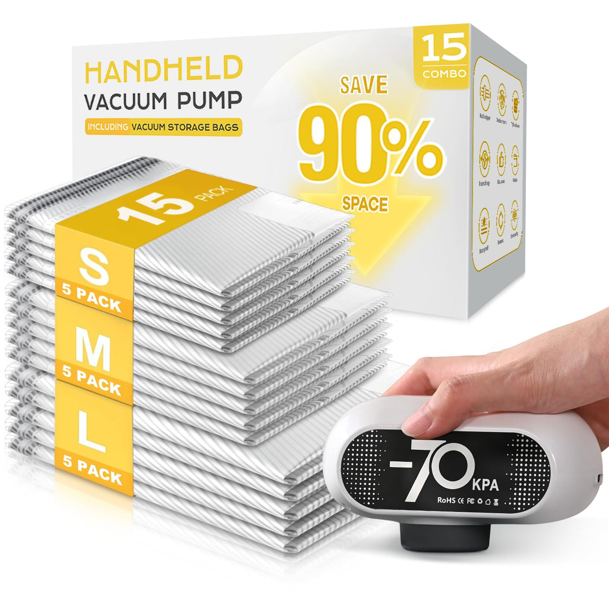 SNOCOD 15 Pack Travel Vacuum Bags with Electric Pump, 70KPa Vacuum Storage Bags for Clothing, Reusable Space Saver Bags for Suit