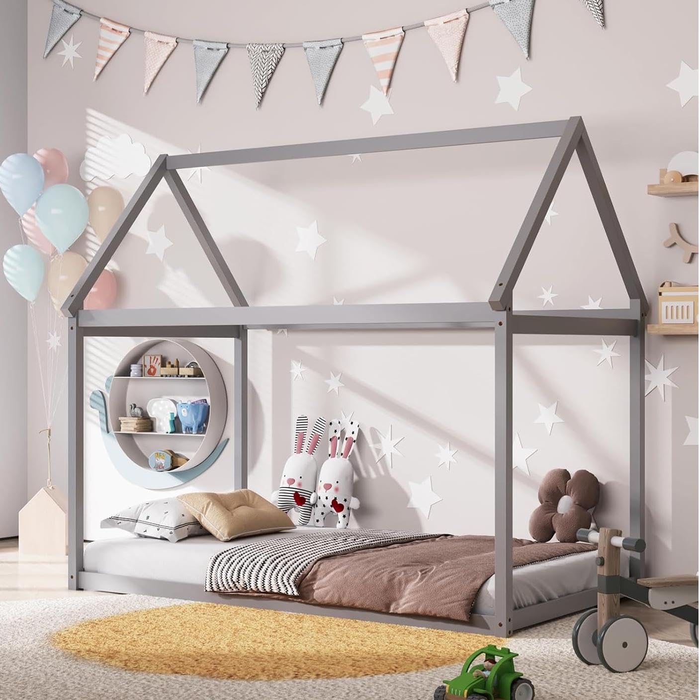 Costzon Twin House Bed Frame, Stable Wood Kids Platform Floor Bed W/Roof & Heavy-Duty Slats No Box Spring Needed, Freely Diy, Kids Bed For Toddlers Teens Boys Girls (Gray)