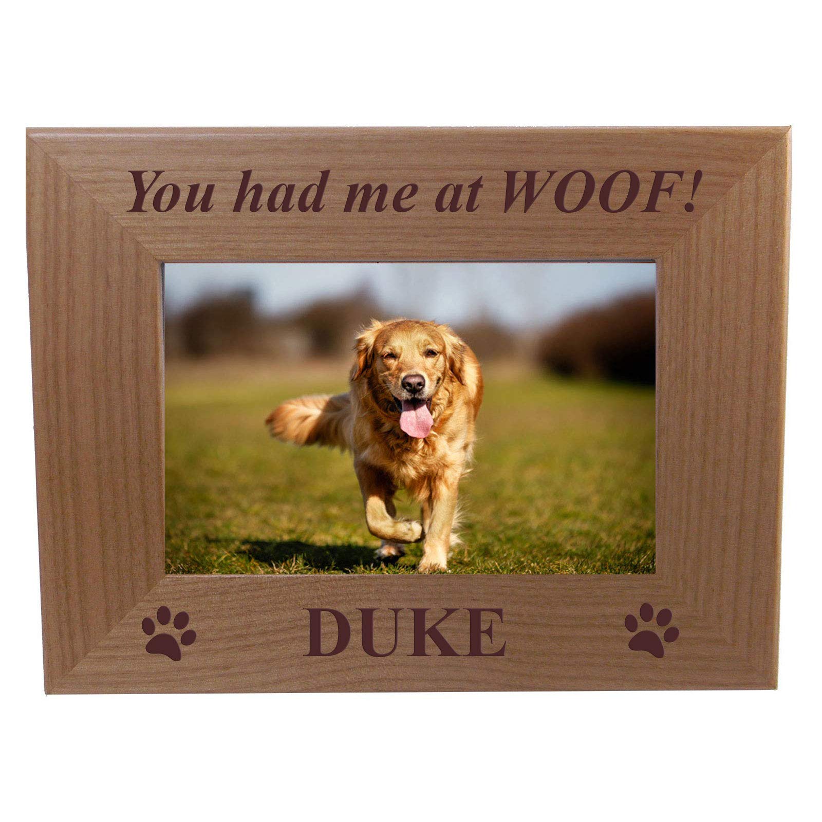 You had me at WOOF! - Custom Engraved Alder Wood Picture Frame - Add your dogs name (5x7 Horizontal)