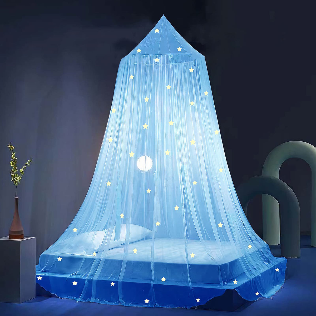 Eimilaly Stars Bed Canopy Glow In The Dark, Bed Canopy For Girls Mosquito Net, Princess Canopy For Girls Bed Room Decor, Blue