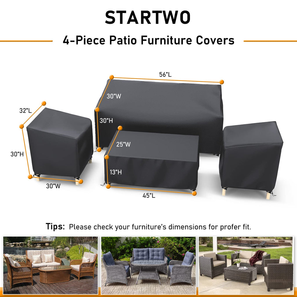 Startwo Outdoor Patio Furniture Cover Waterproof 4-Piece Set For Chairs 32In, Loveseat 56In, Coffee Table 45In, Heavy Duty 500D, Black