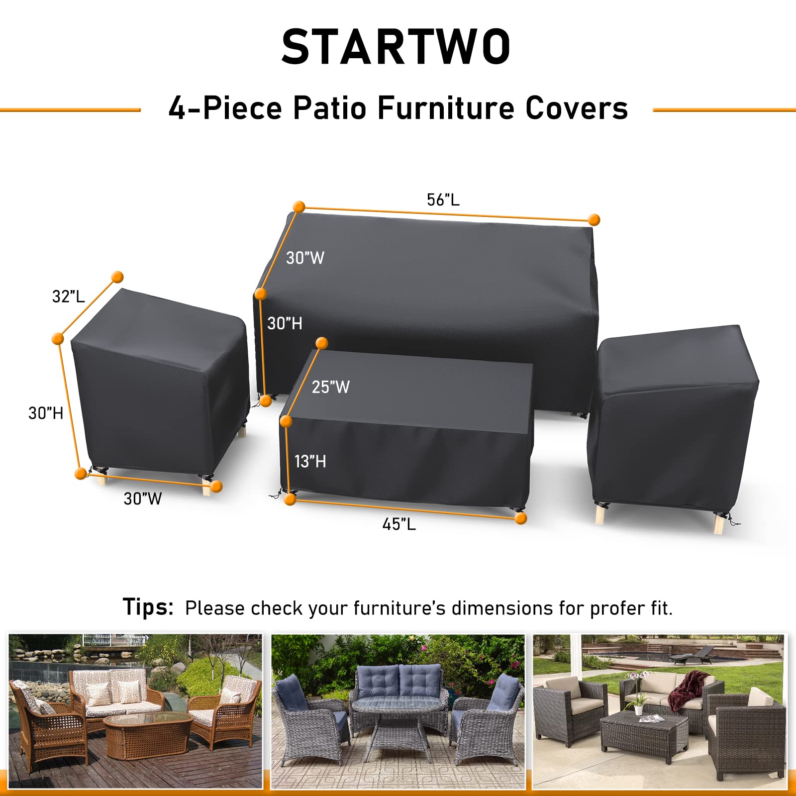 Startwo Outdoor Patio Furniture Cover Waterproof 4-Piece Set For Chairs 32In, Loveseat 56In, Coffee Table 45In, Heavy Duty 500D, Black