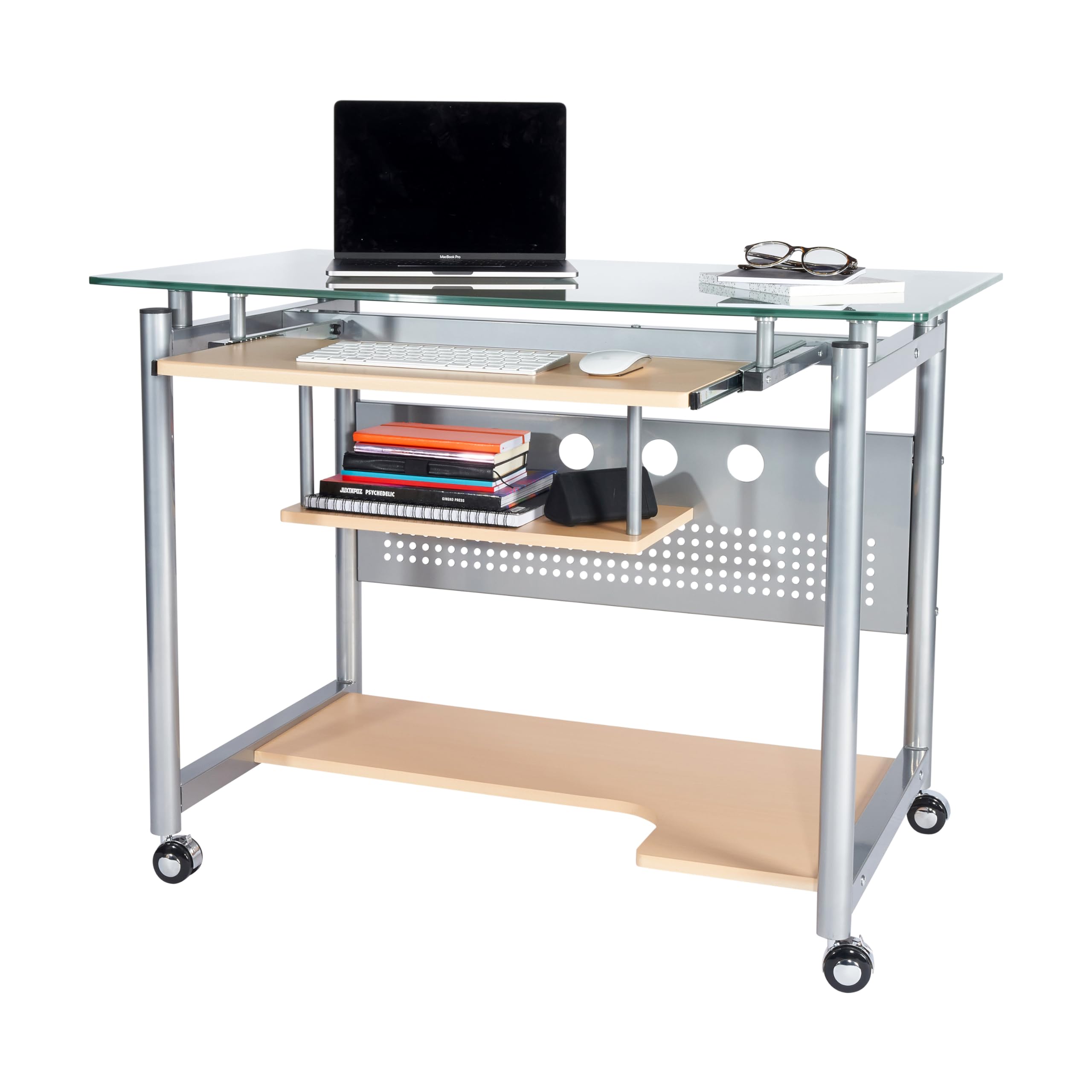 Techni Mobili 39.5 Rolling Glass Computer Desk with Keyboard Tray, Rolling Desk or Portable Printer Shelf for Small Spaces